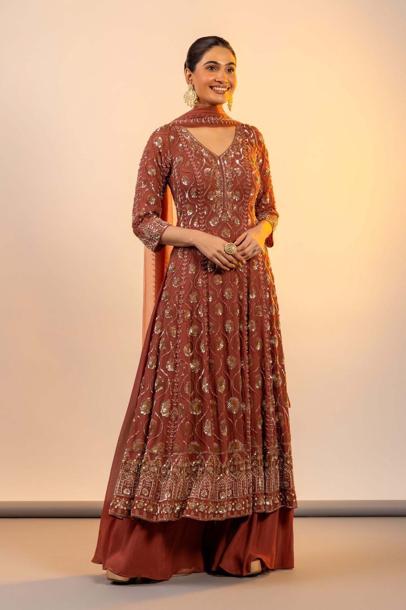 Rust straight suit with sharara and duppata