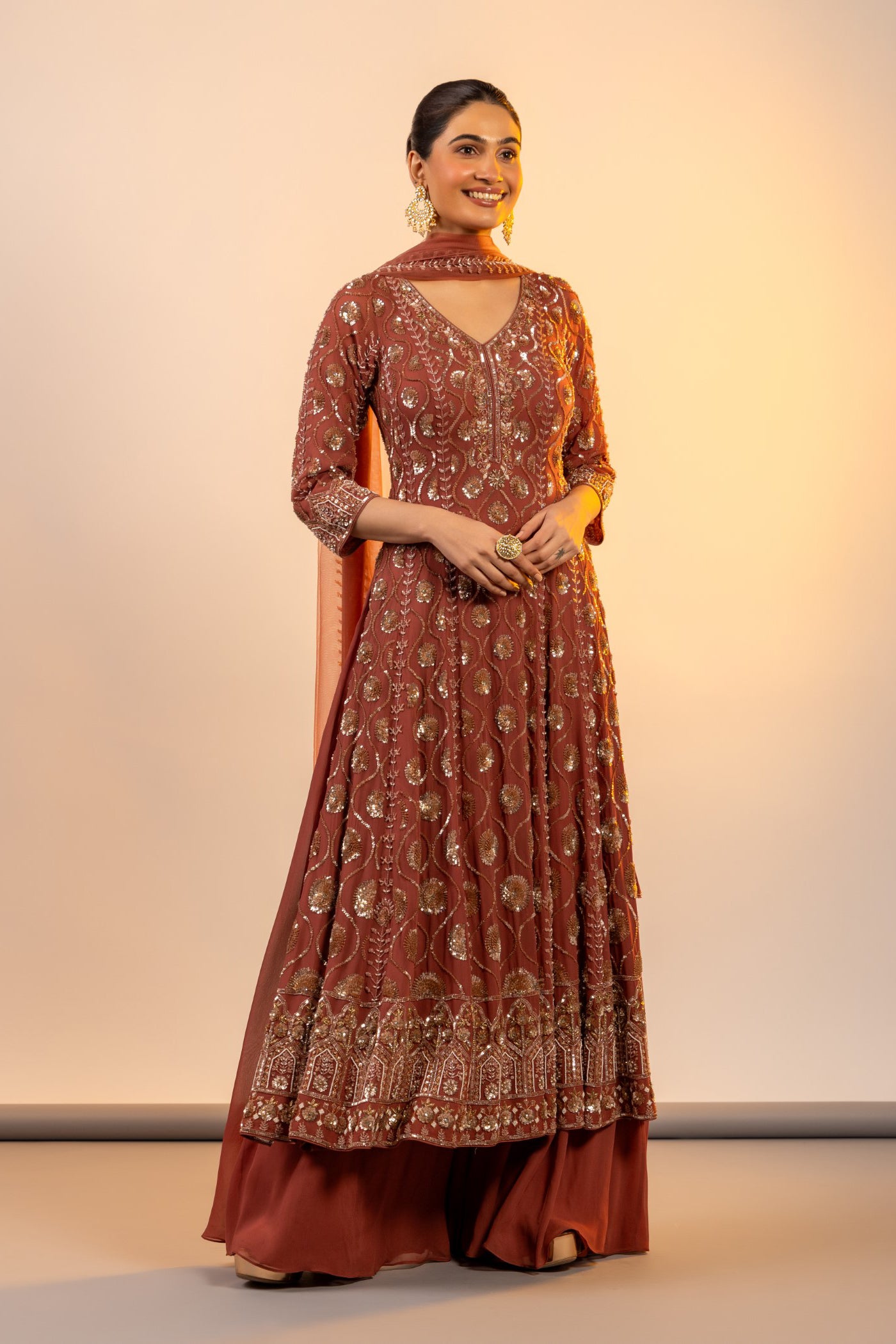 Rust straight suit with sharara and dupatta