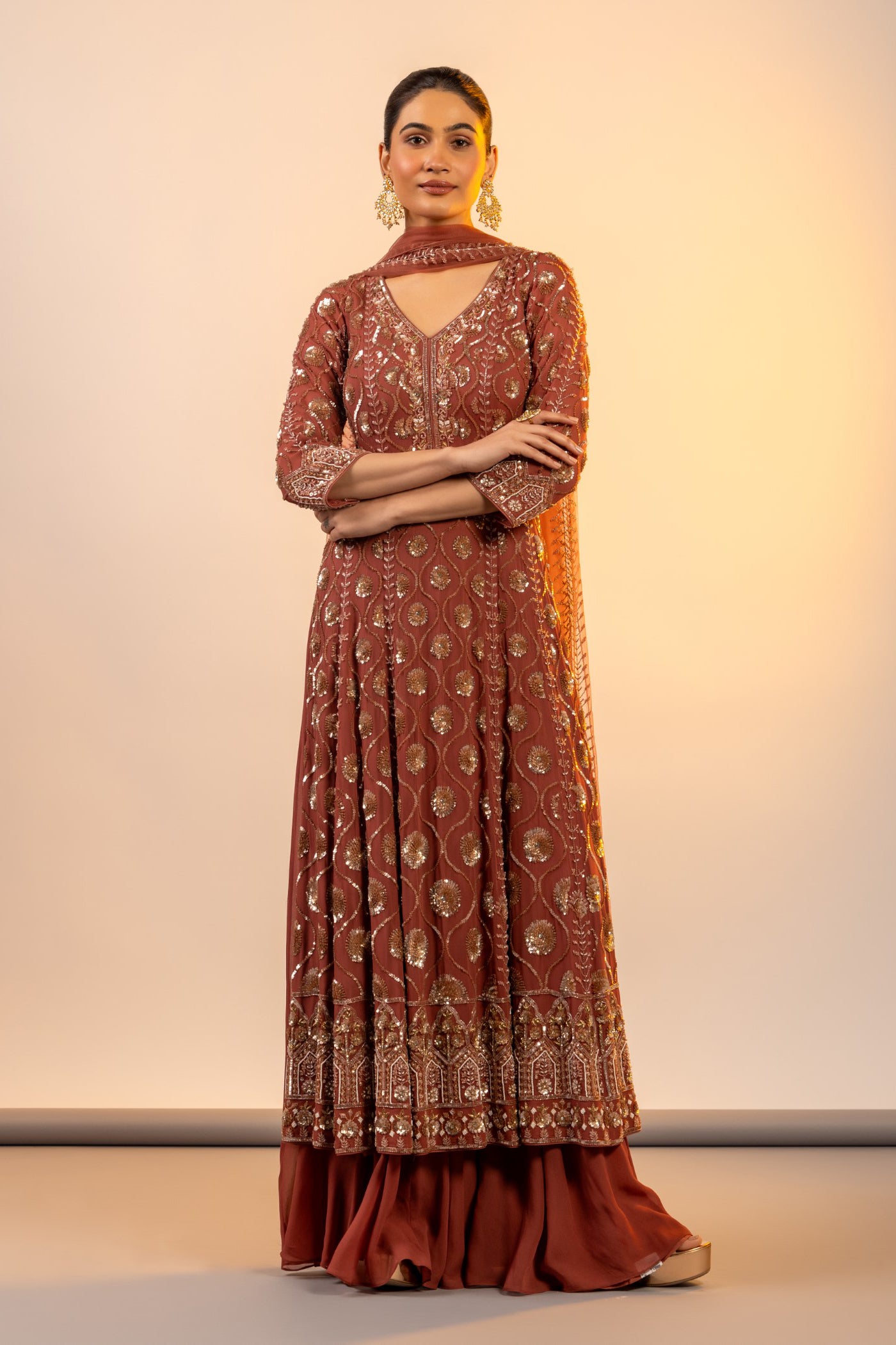 Rust straight suit with sharara and duppata