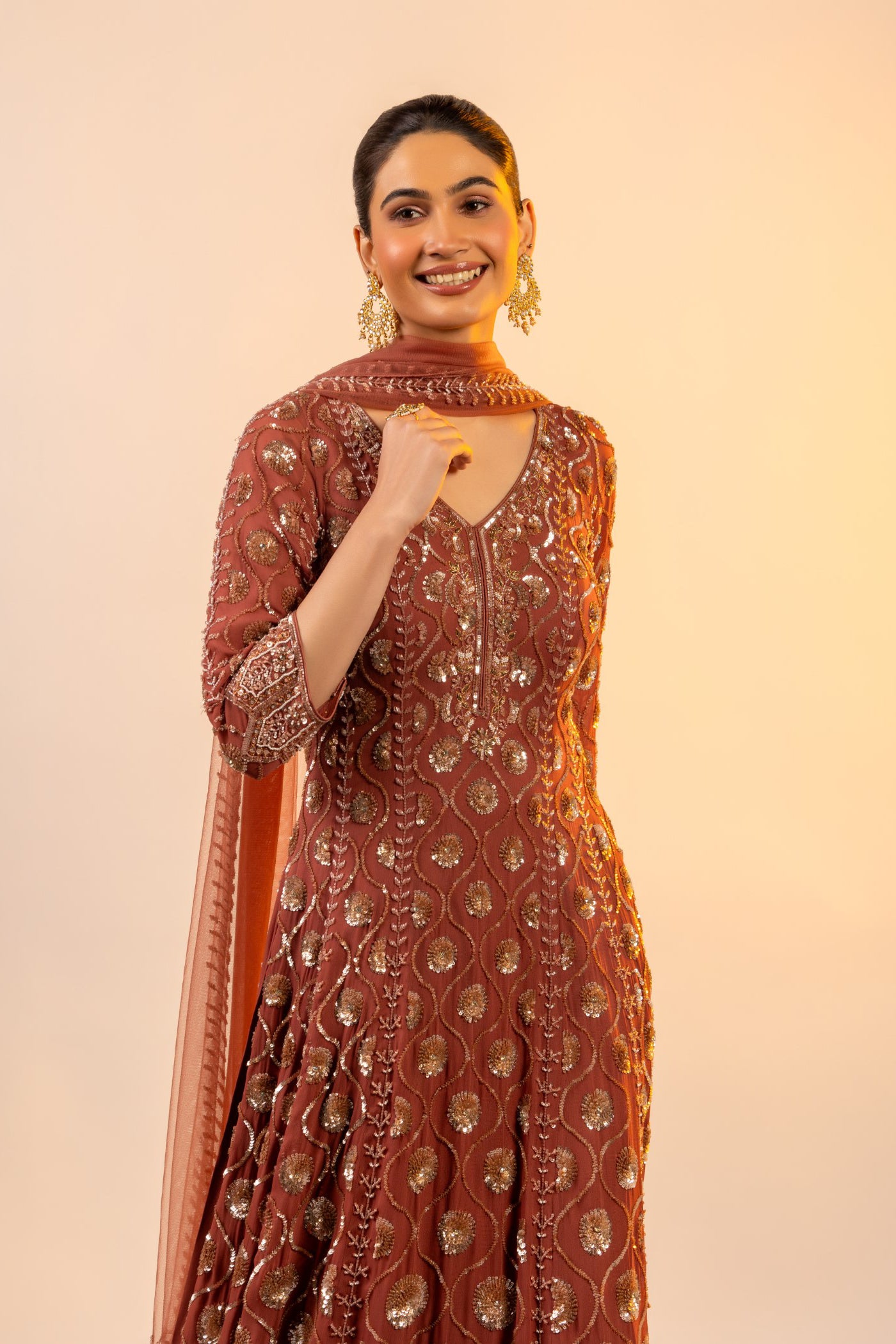 Rust straight suit with sharara and dupatta