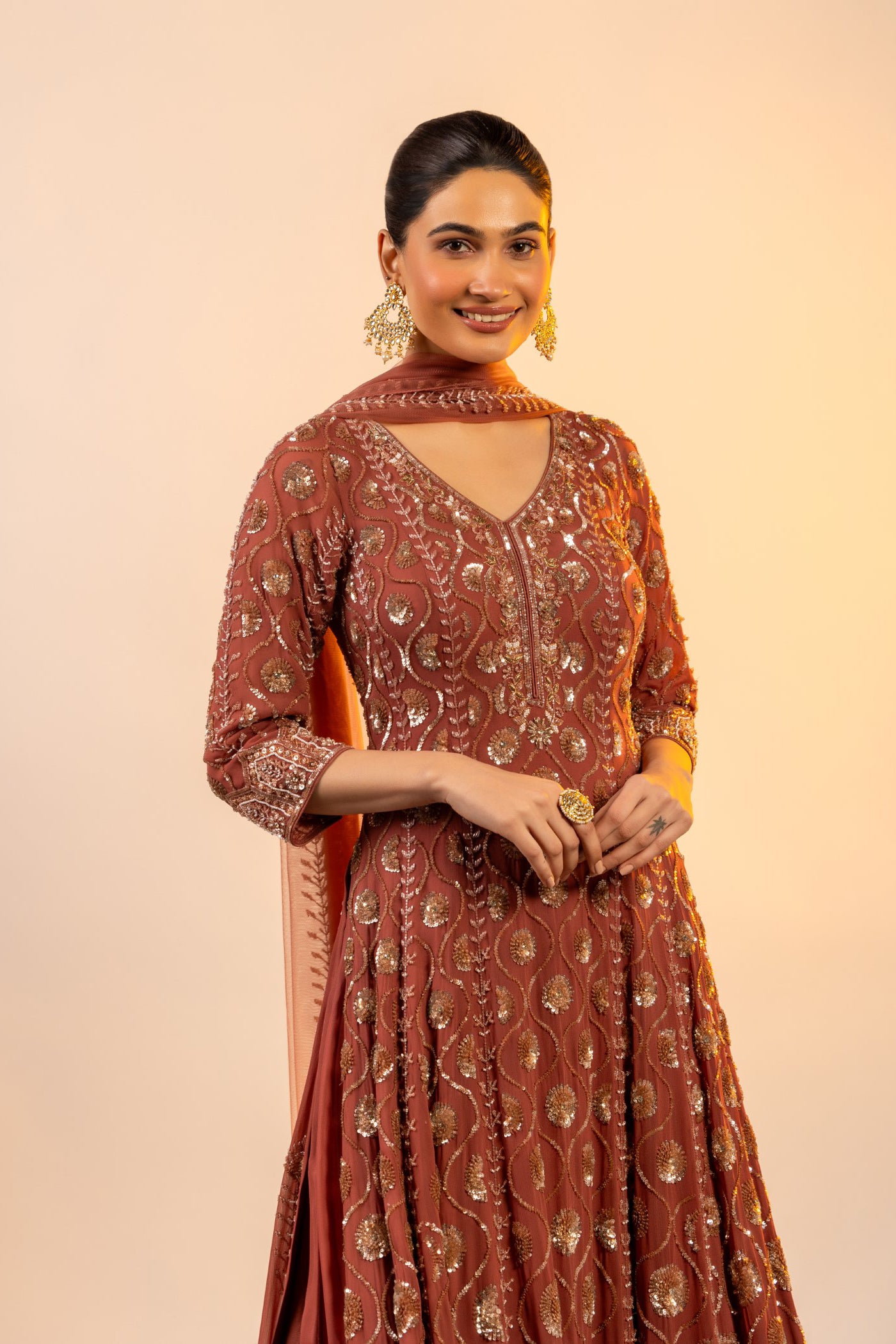Rust straight suit with sharara and dupatta