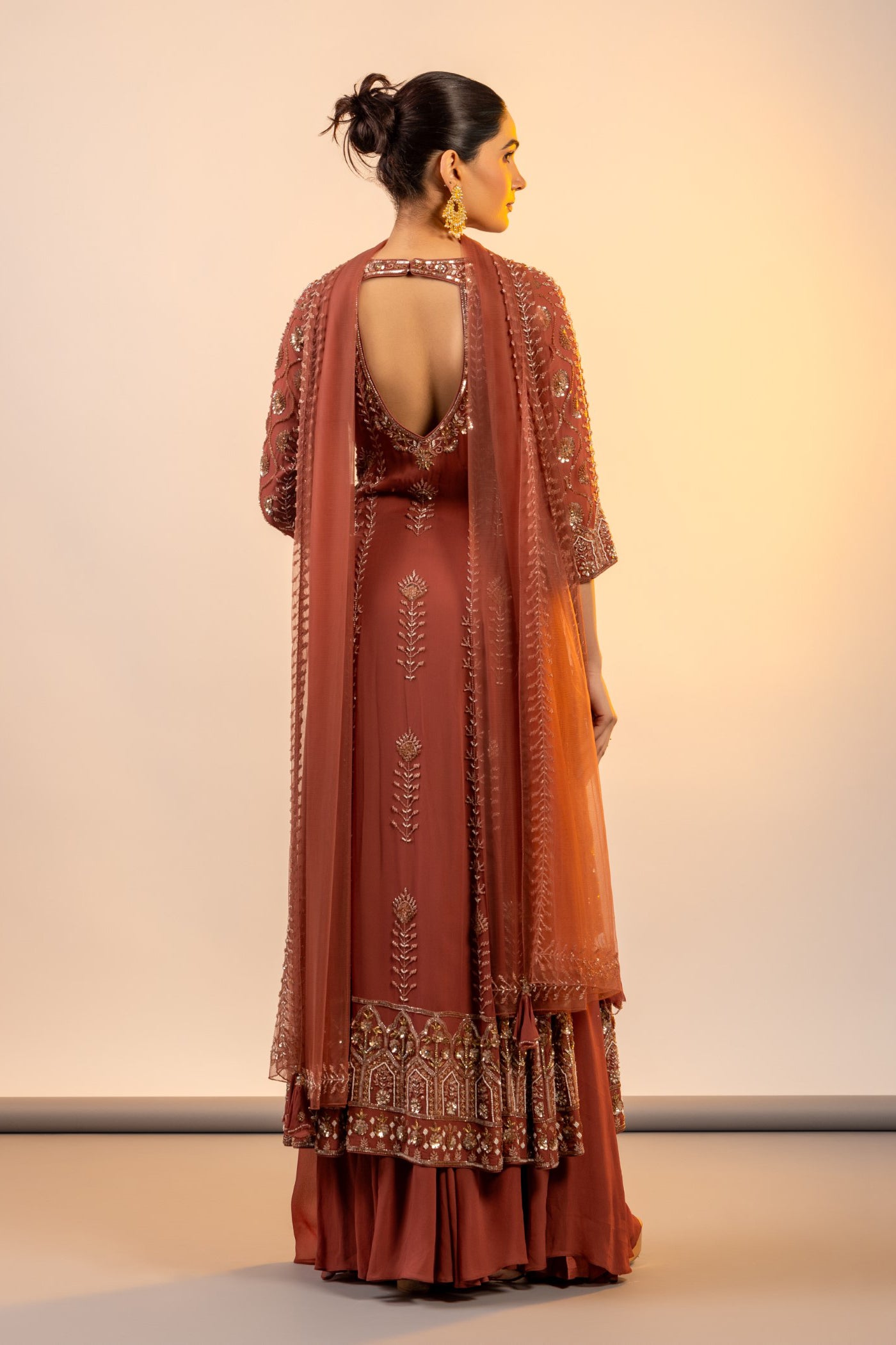Rust straight suit with sharara and dupatta