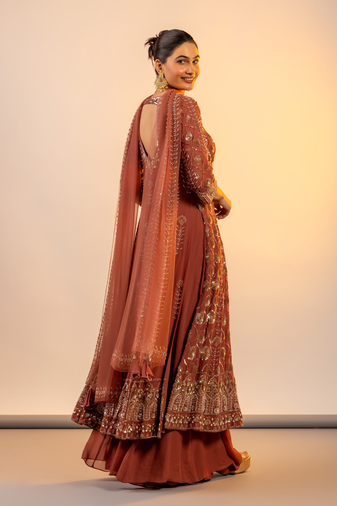 Rust straight suit with sharara and dupatta