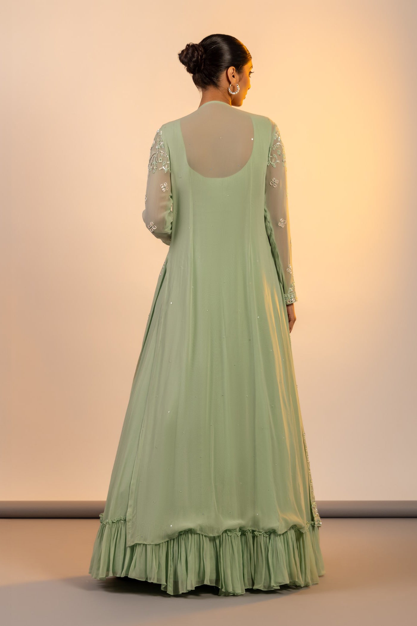 Pista green patra work straight suit with sharara and jacket