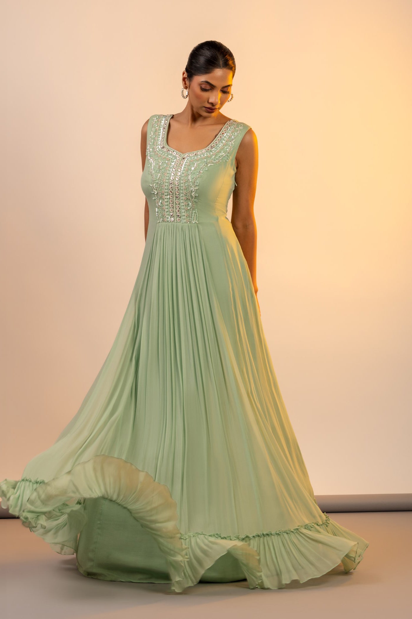 Pista green patra work straight suit with sharara and jacket