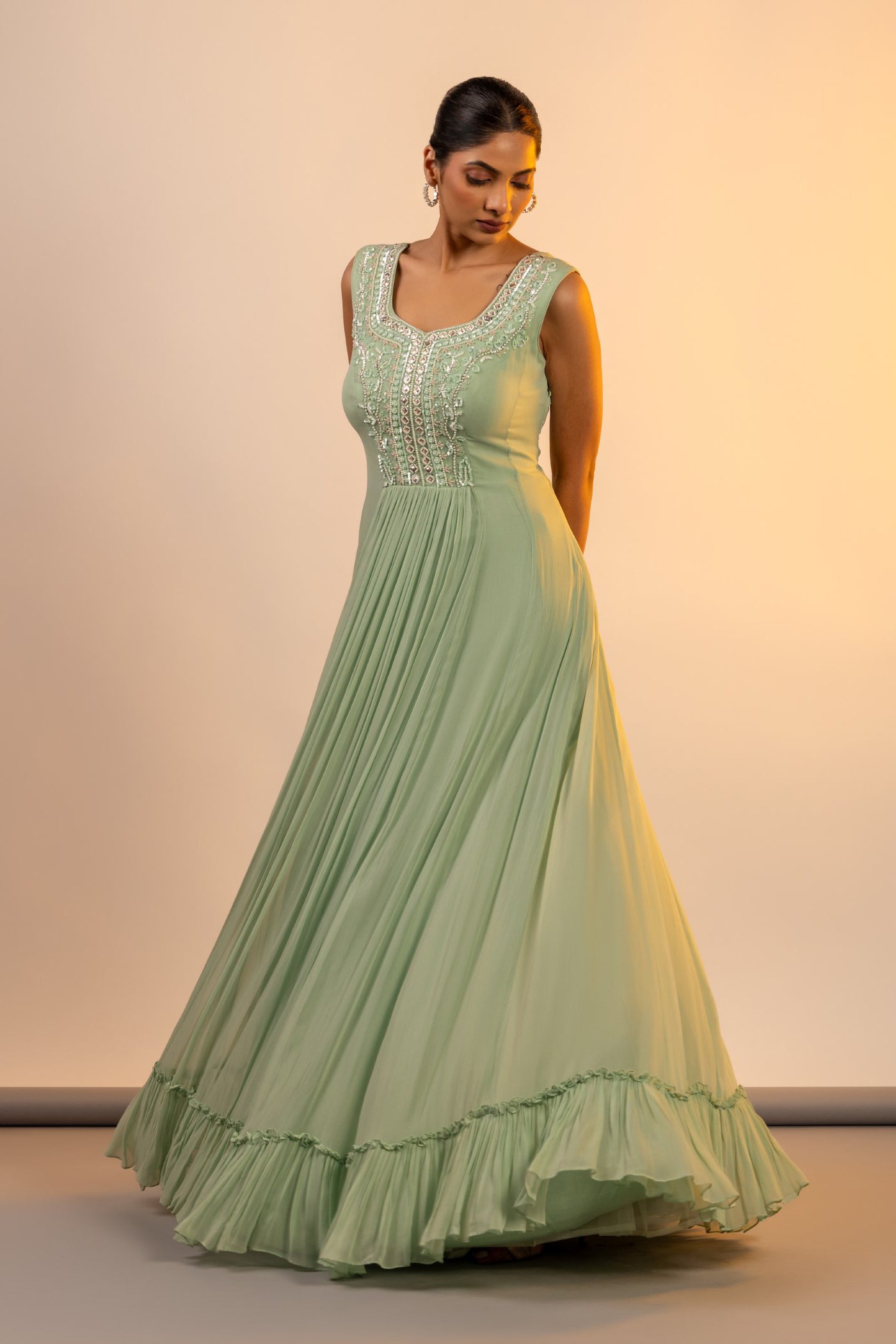 Pista green patra work straight suit with sharara and jacket