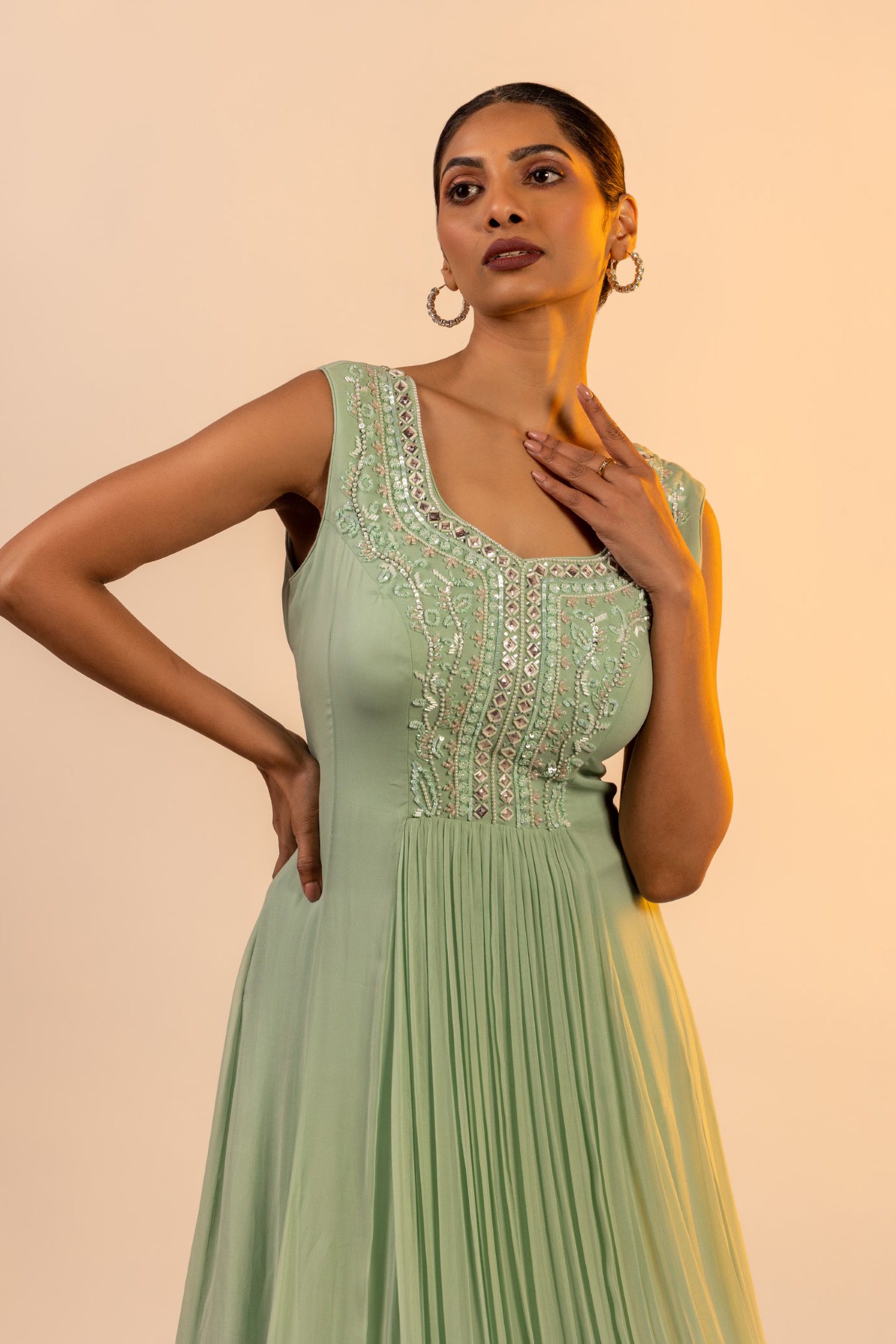 Pista green patra work straight suit with sharara and jacket