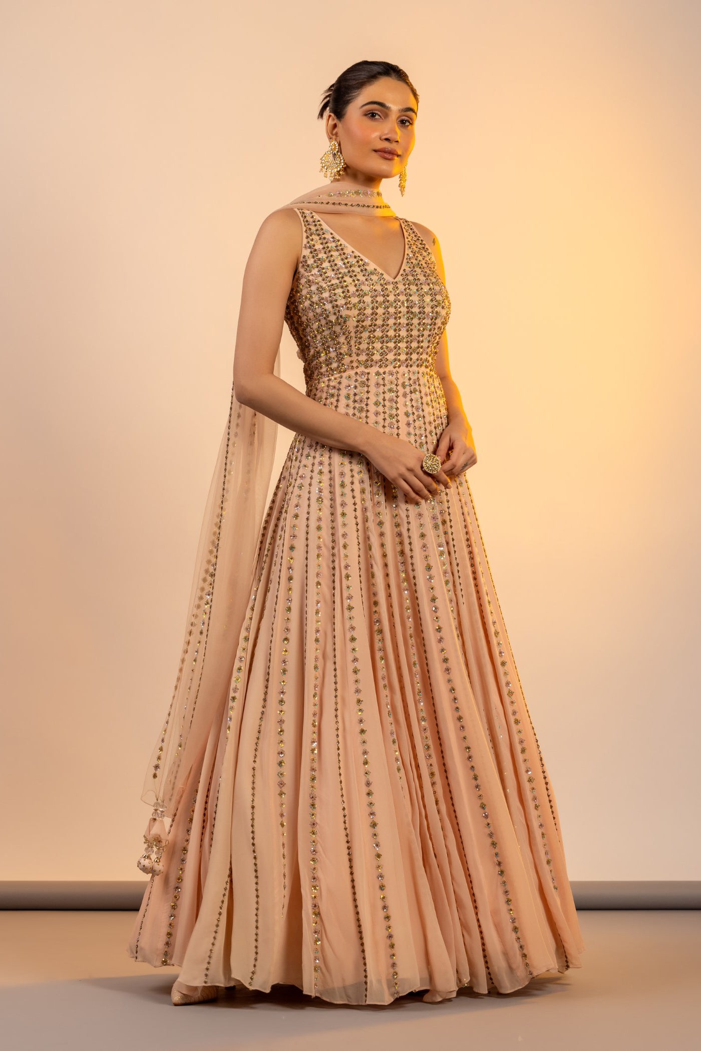 Peach georgette anarkali with cutdana work