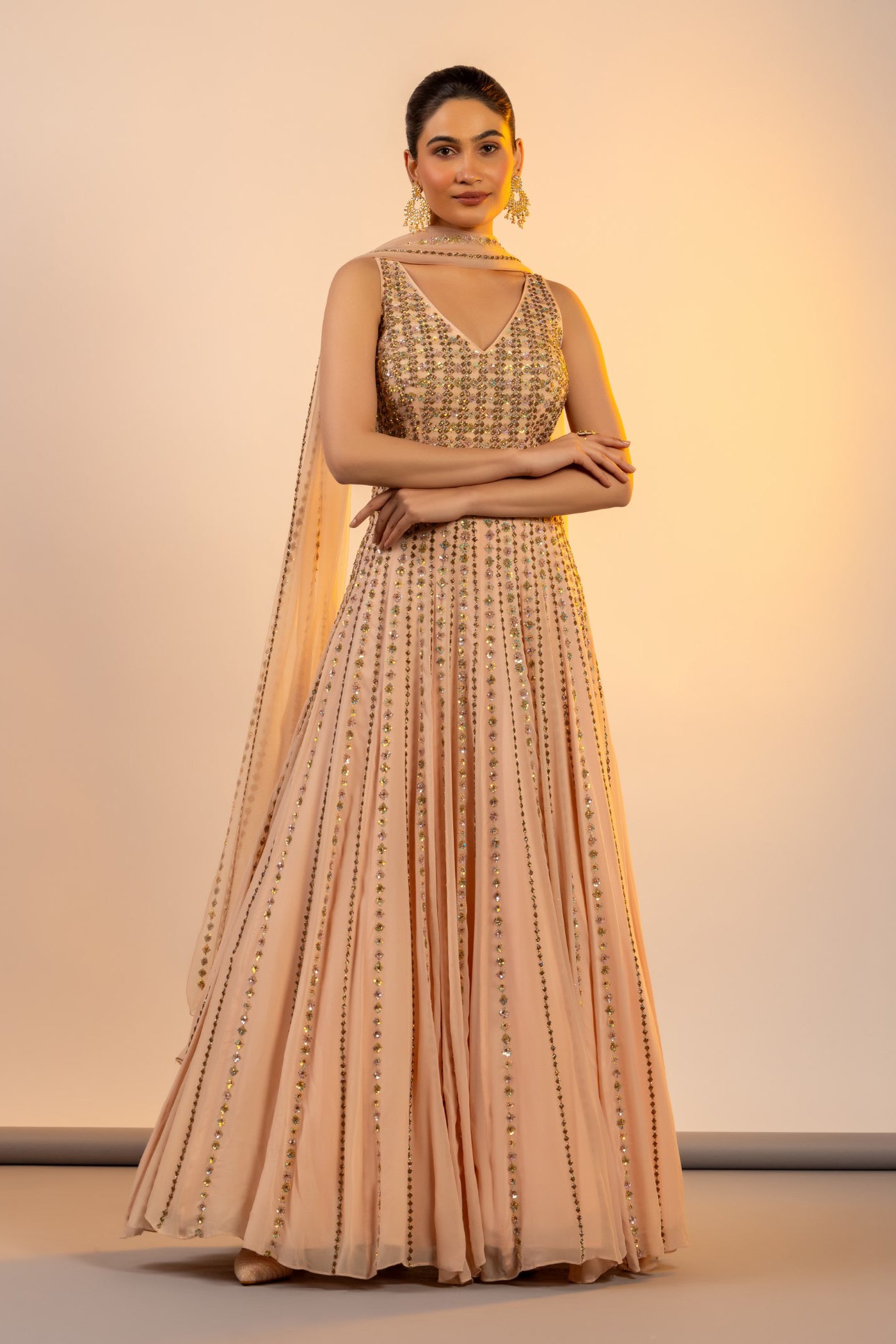 Peach georgette anarkali with cutdana work