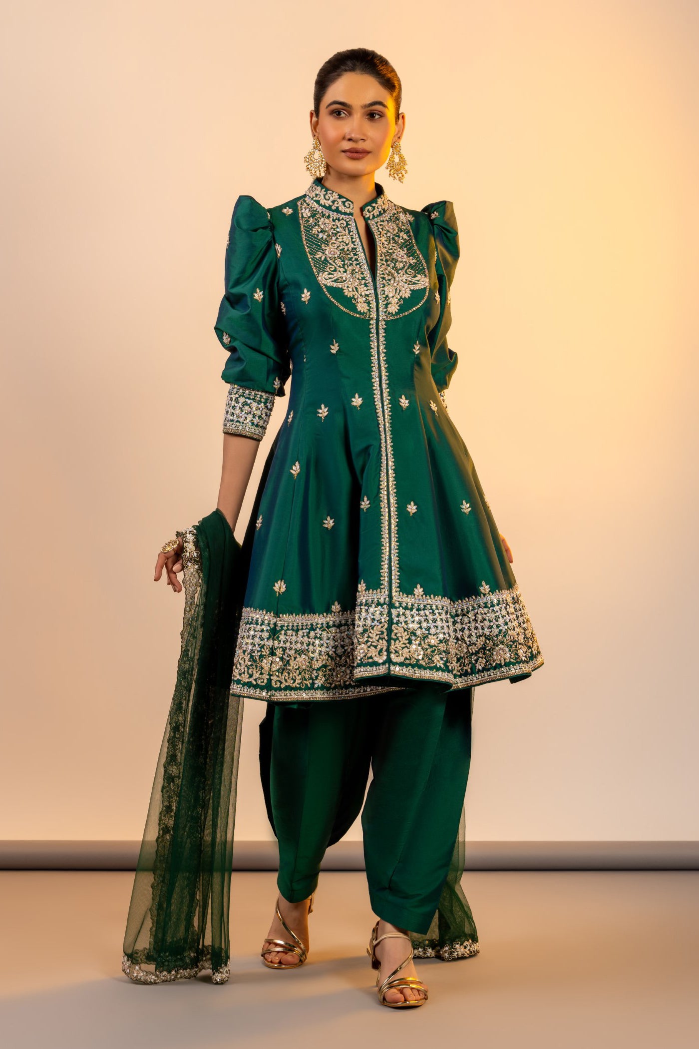 Bottle green silk short anarkali and salwar