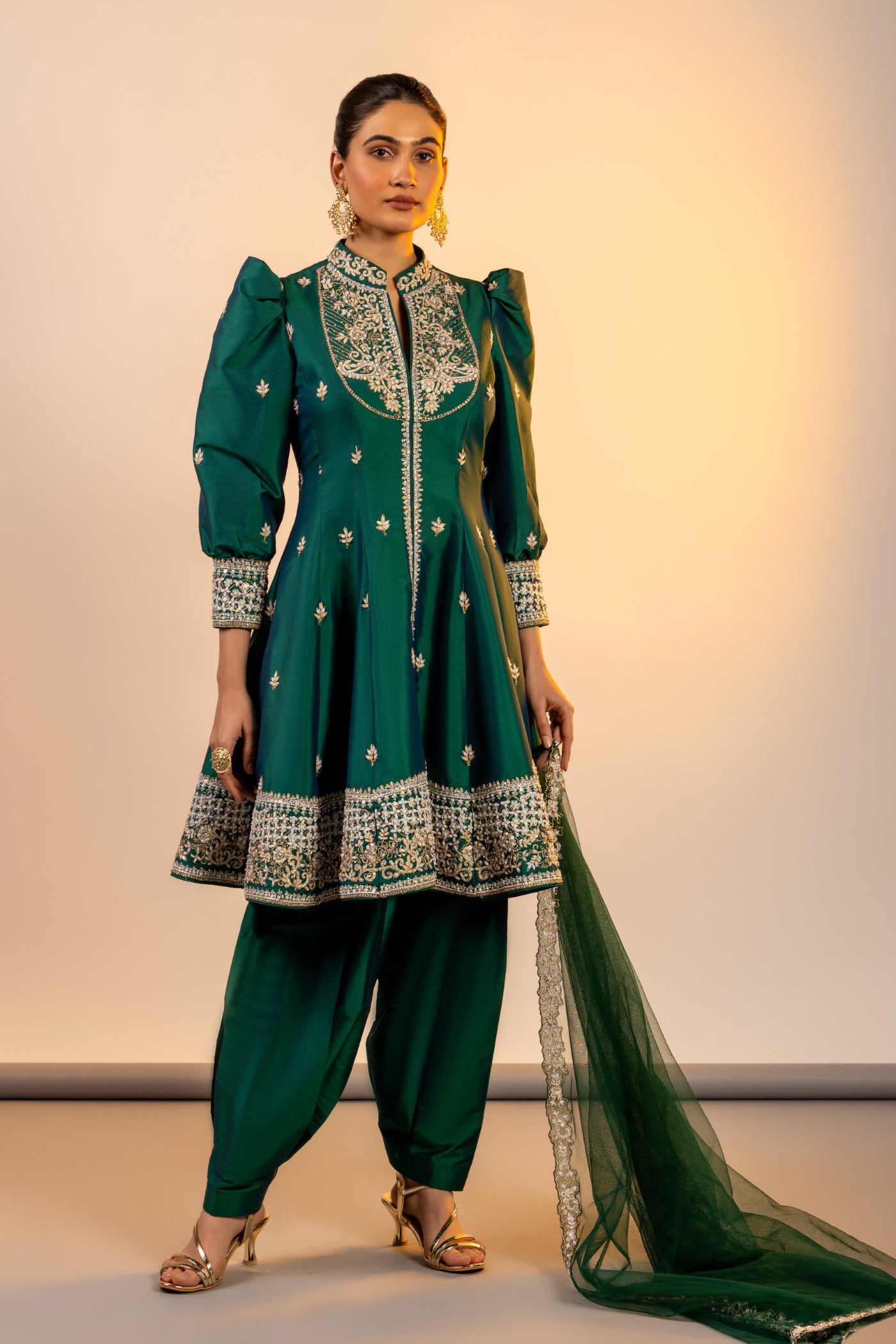 Bottle green silk short anarkali and salwar