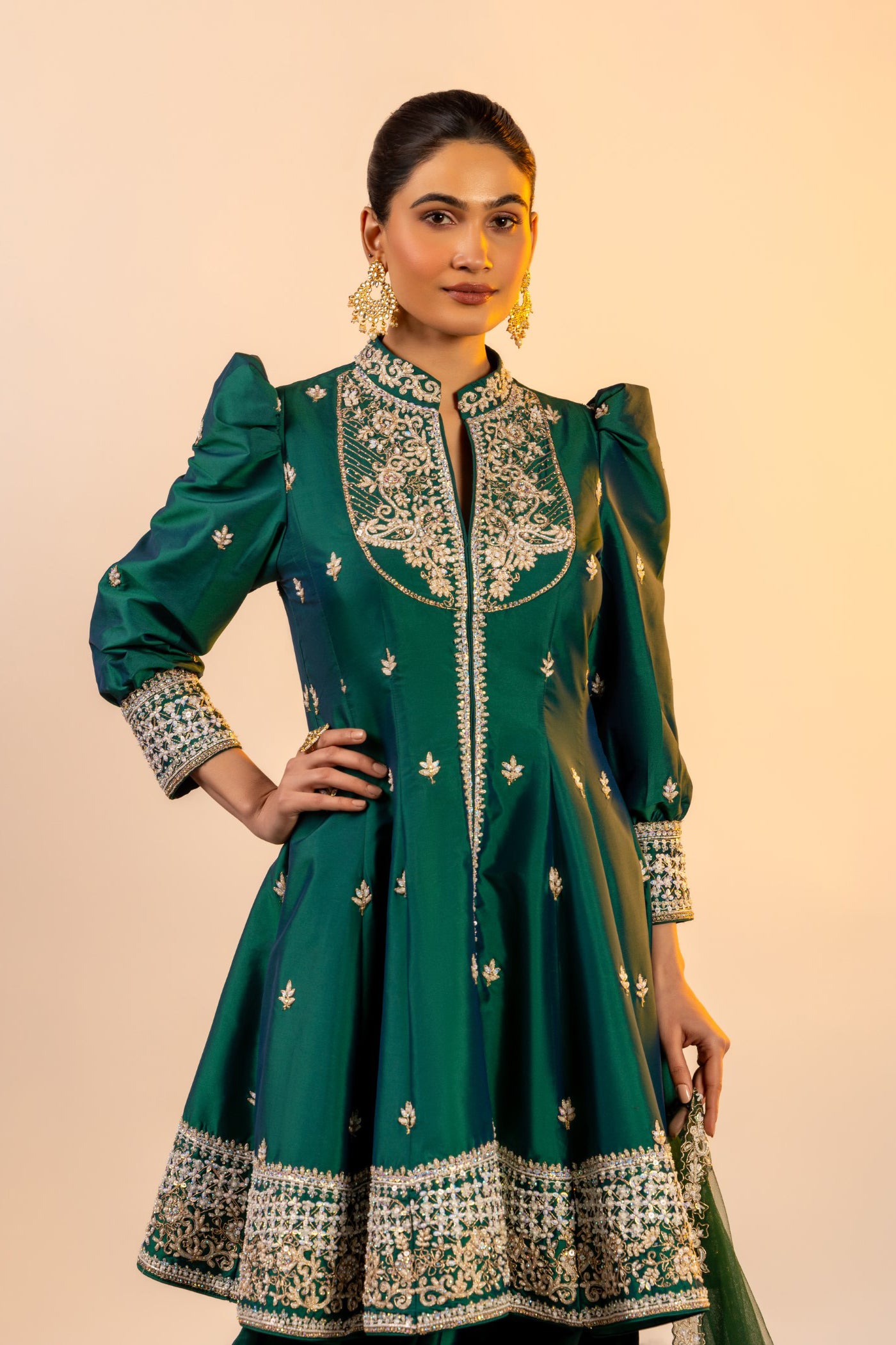 Bottle green silk short anarkali and salwar
