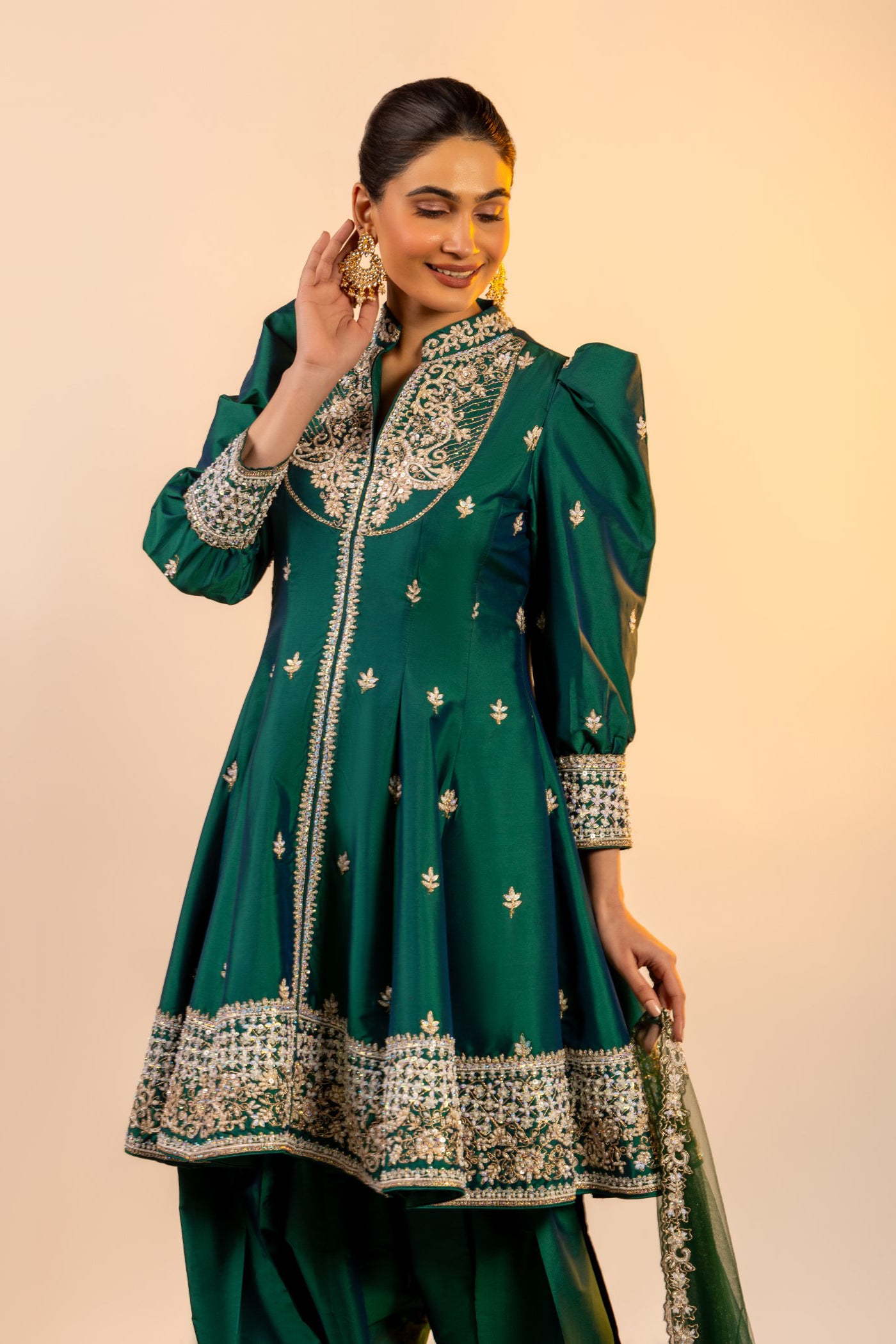Bottle green silk short anarkali and salwar
