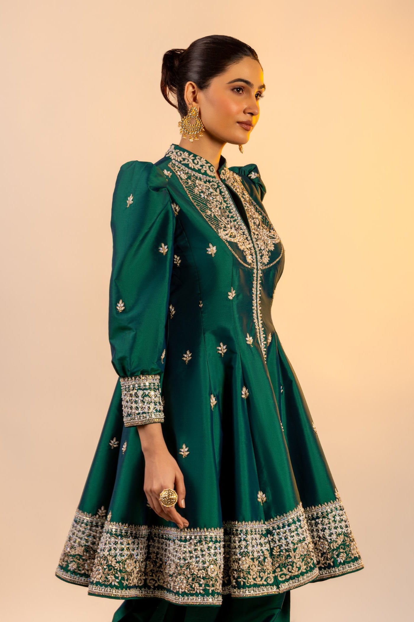 Bottle green silk short anarkali and salwar