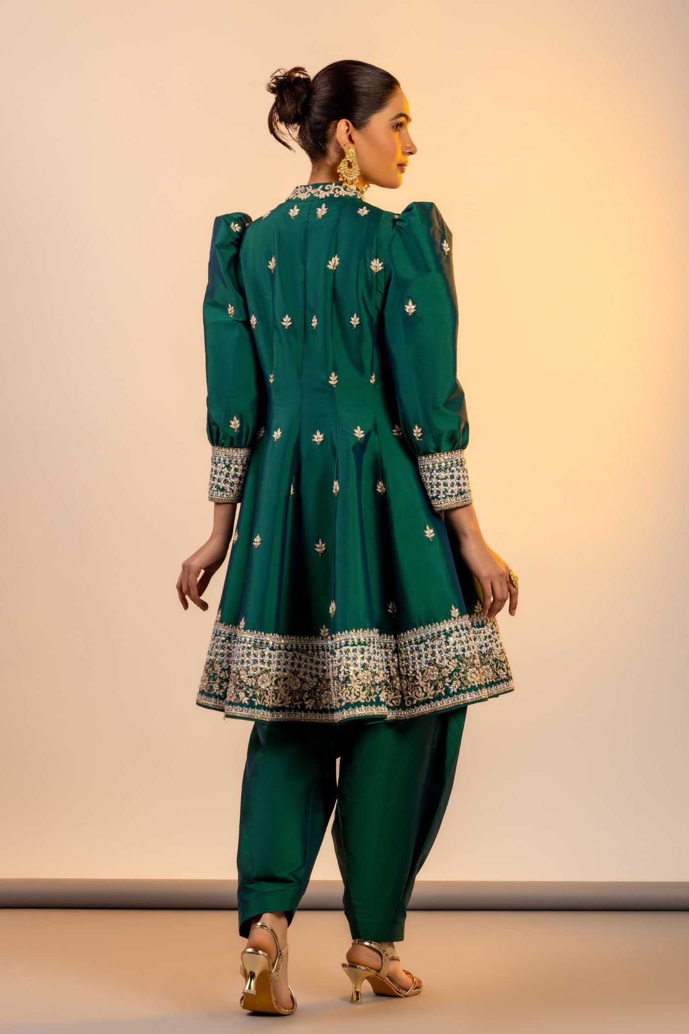 Bottle green silk short anarkali and salwar