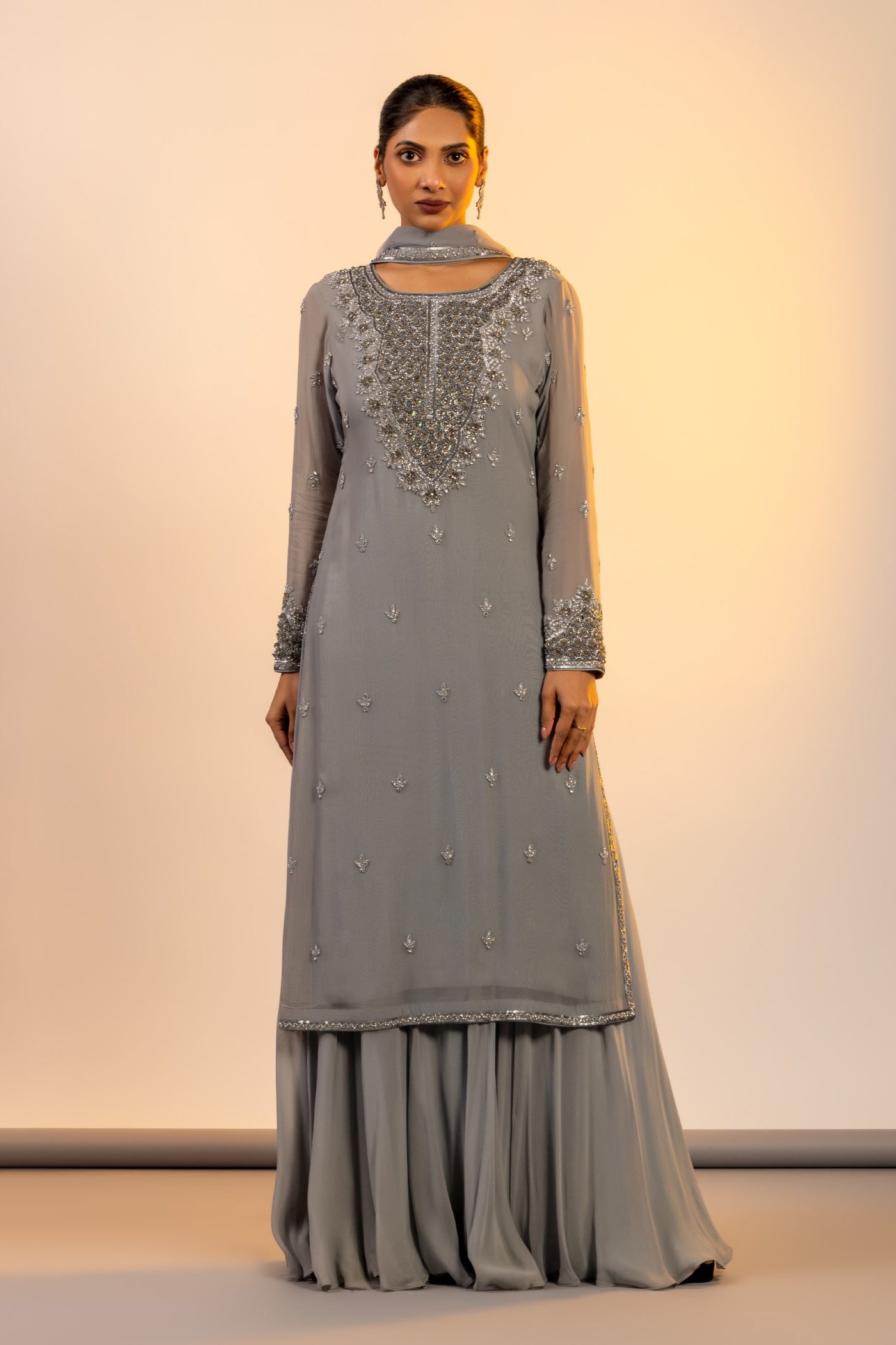 Mauve straight shirt and sharara with sequins work