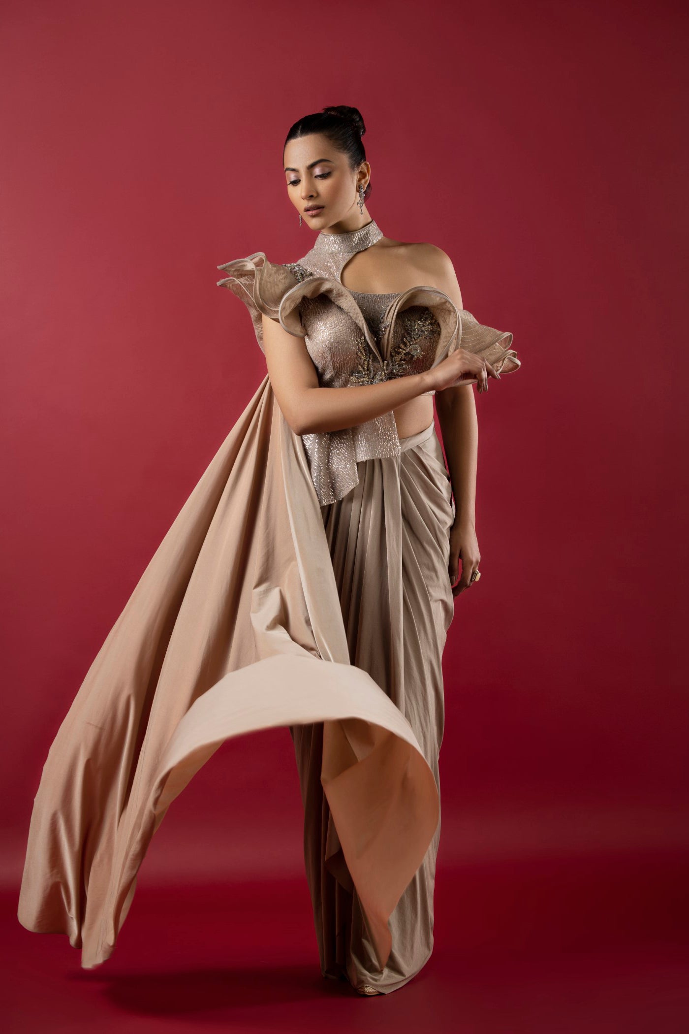 Lycra Champagne Gold Saree With Sequins and Zarkan