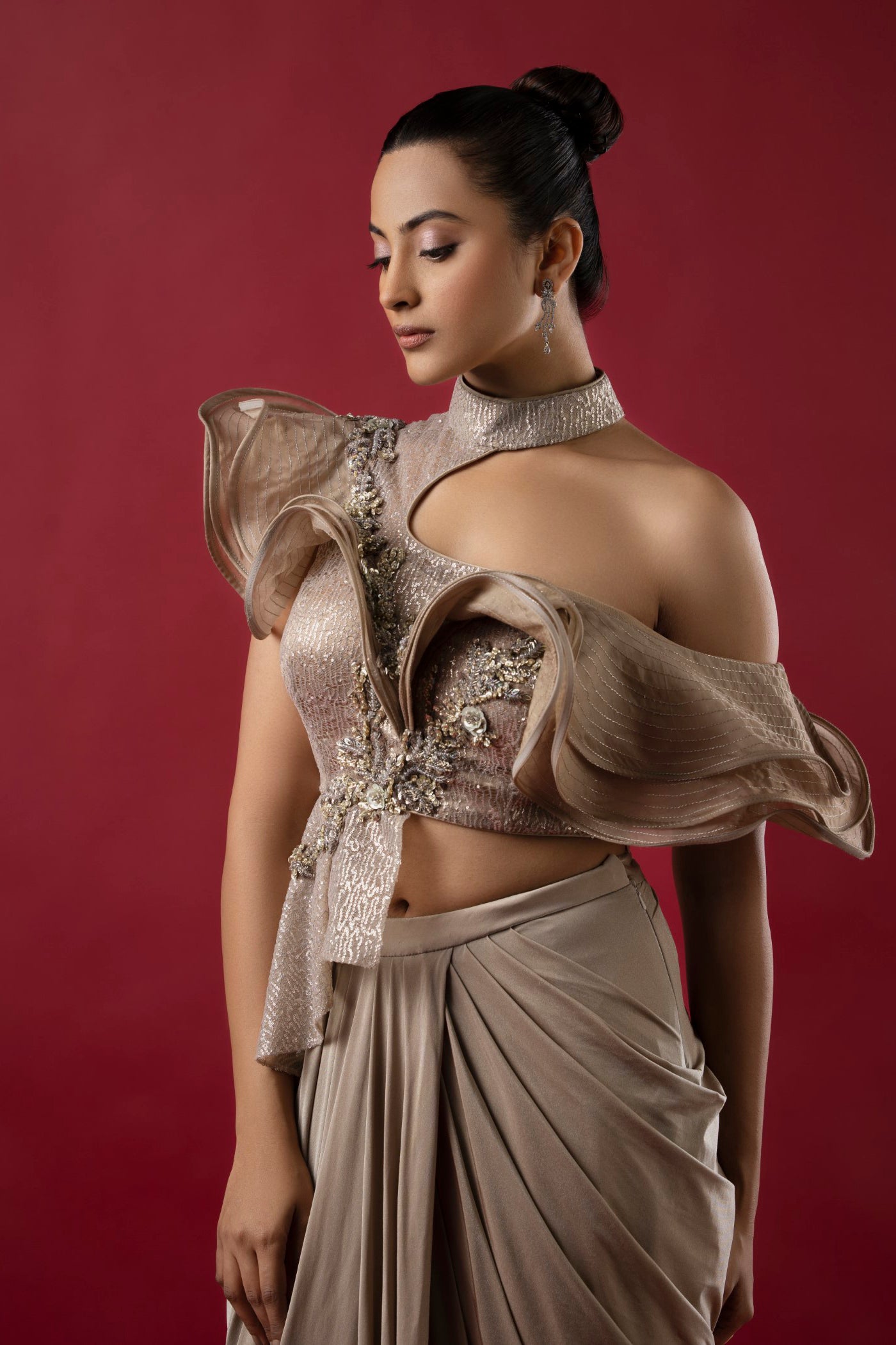 Lycra Champagne Gold Saree With Sequins and Zarkan
