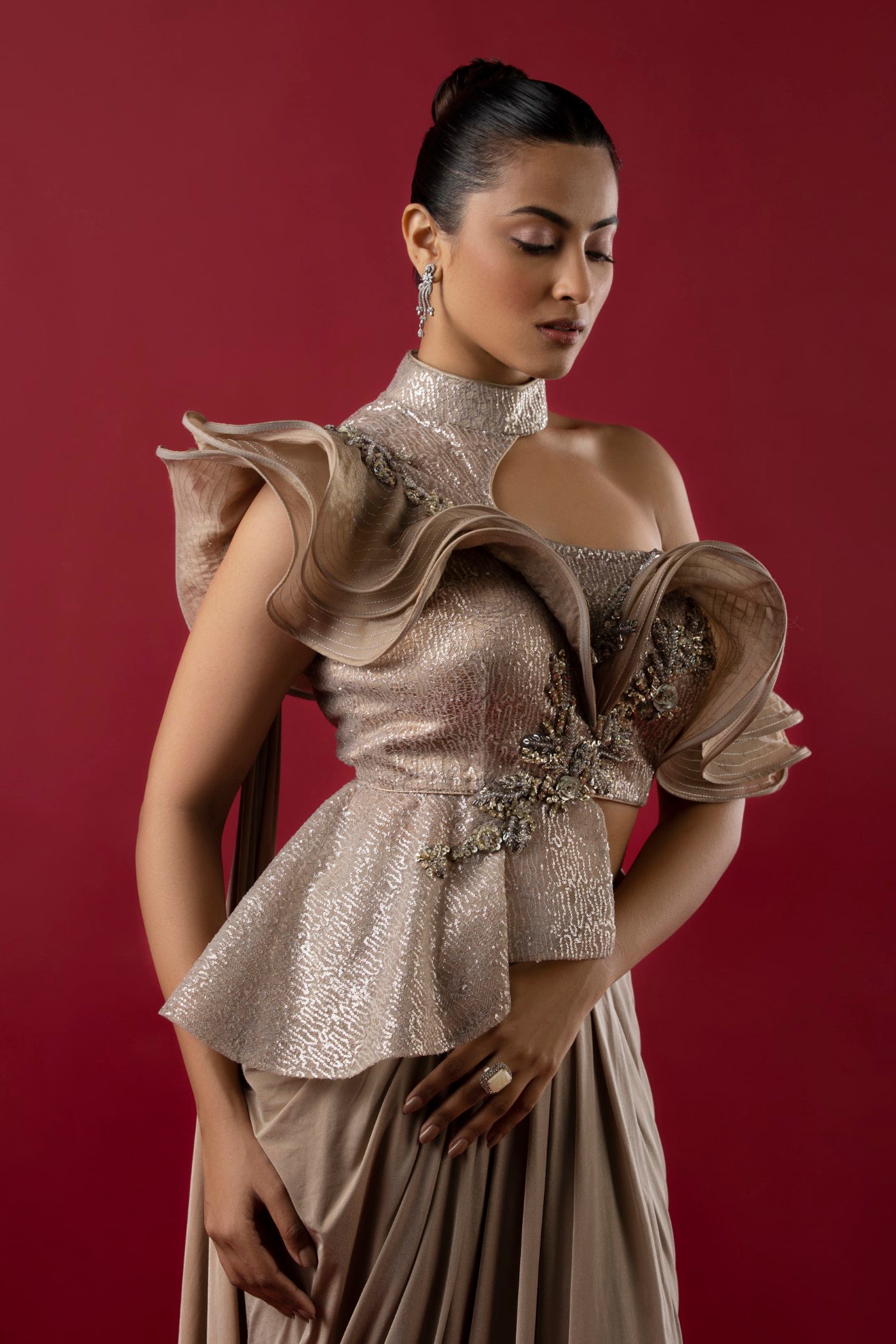 Lycra Champagne Gold Saree With Sequins and Zarkan
