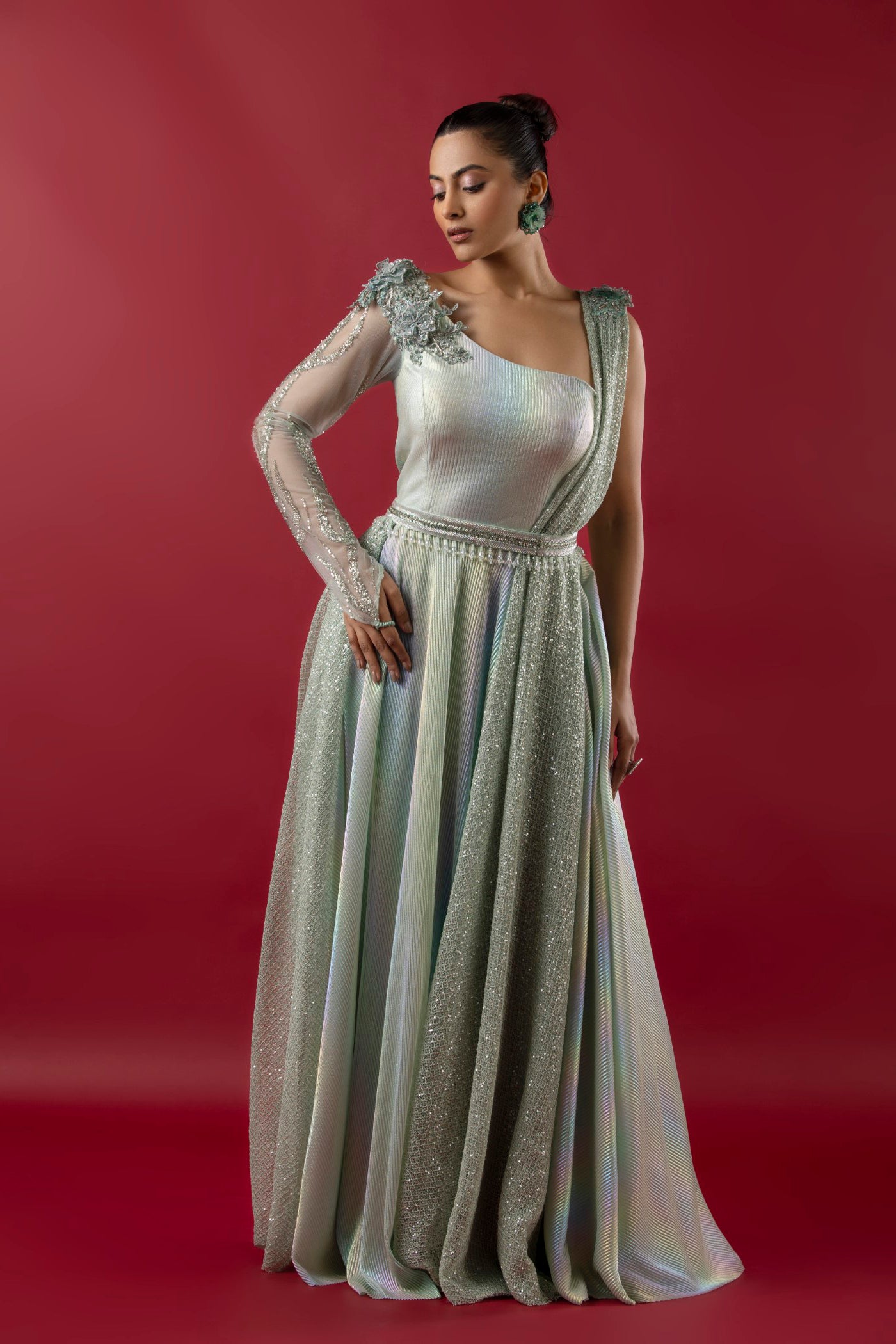 Aqua Lycra Jumpsuit With Dettached Palla
