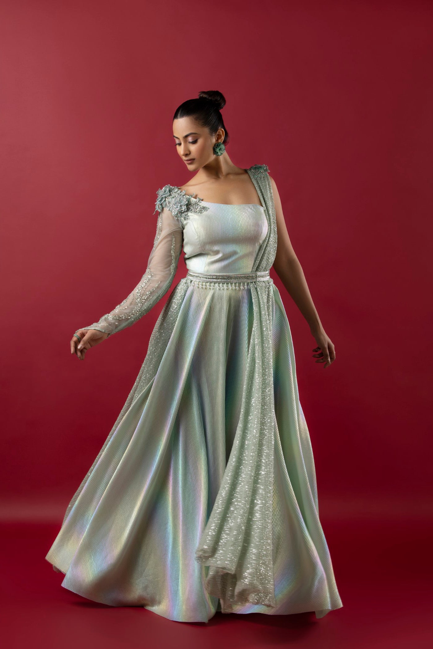 Aqua Lycra Jumpsuit With Dettached Palla