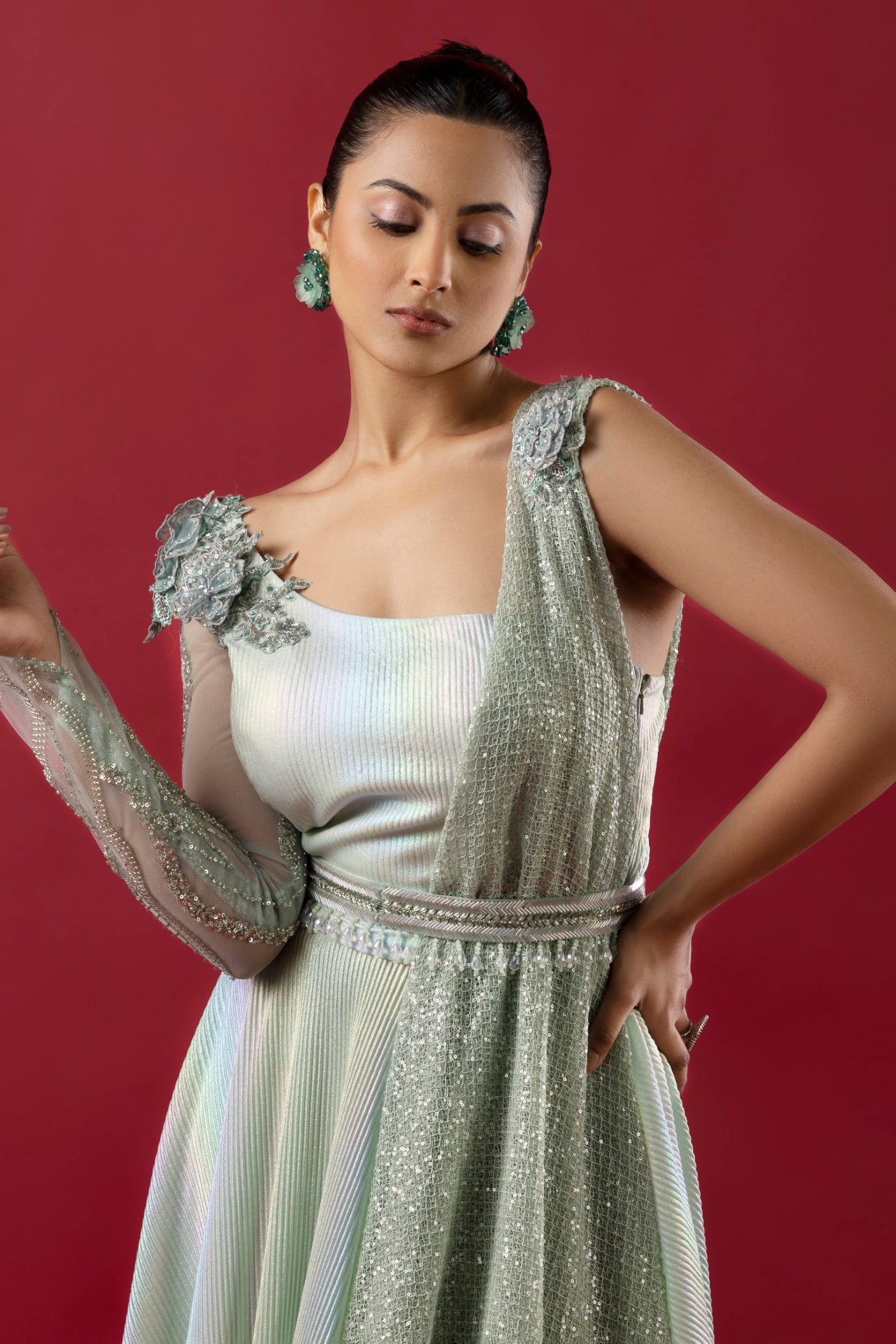 Aqua Lycra Jumpsuit With Dettached Palla
