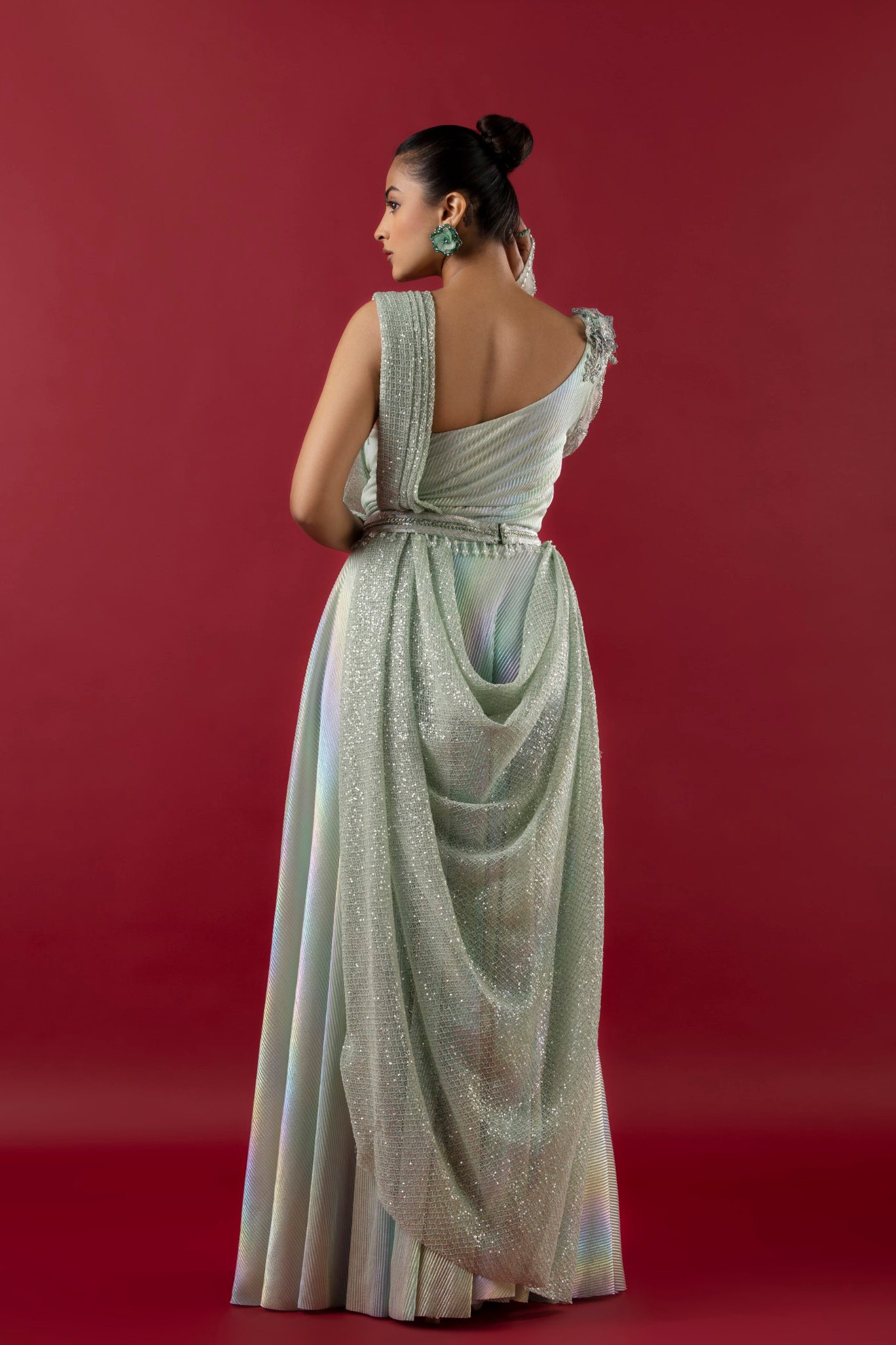 Aqua Lycra Jumpsuit With Dettached Palla