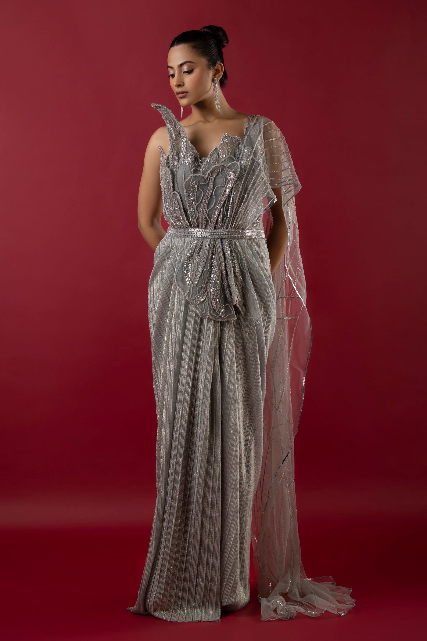 Grey Drape Saree with Cutdana and Sequins