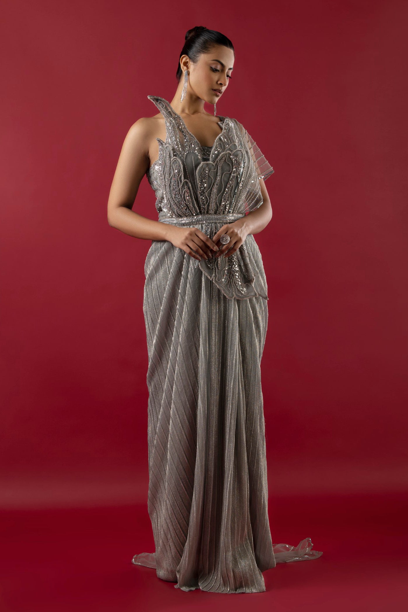 Grey Drape Saree with Cutdana and Sequins