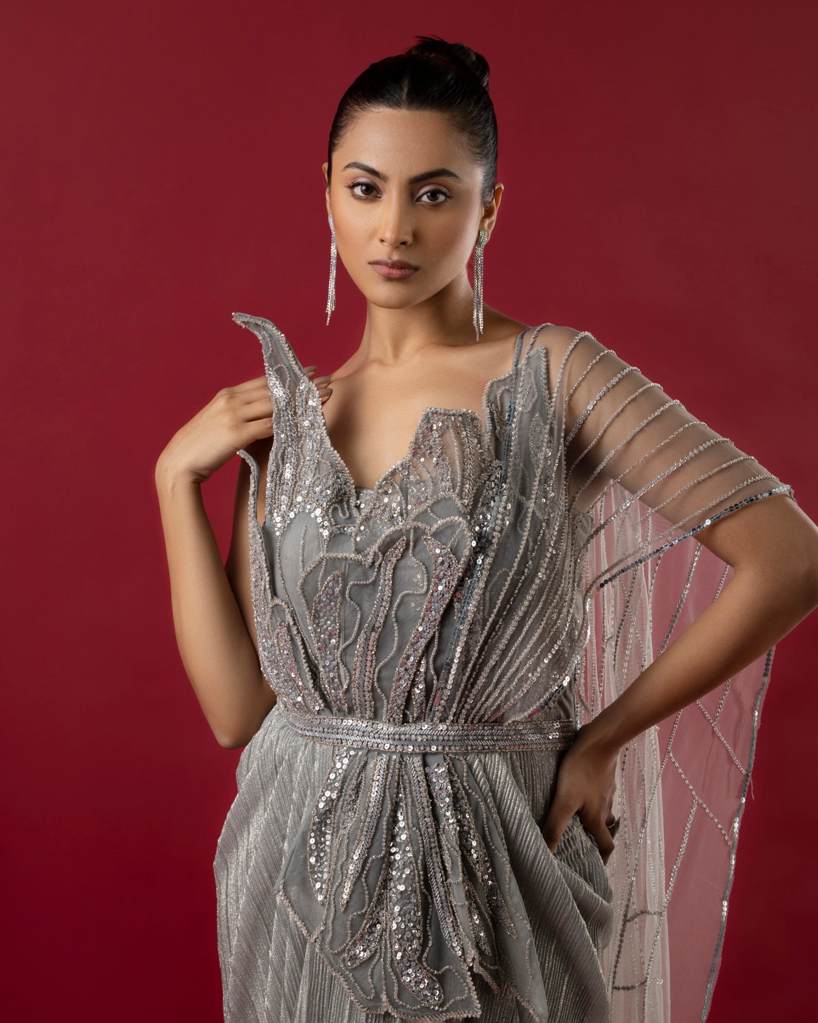Grey Drape Saree with Cutdana and Sequins