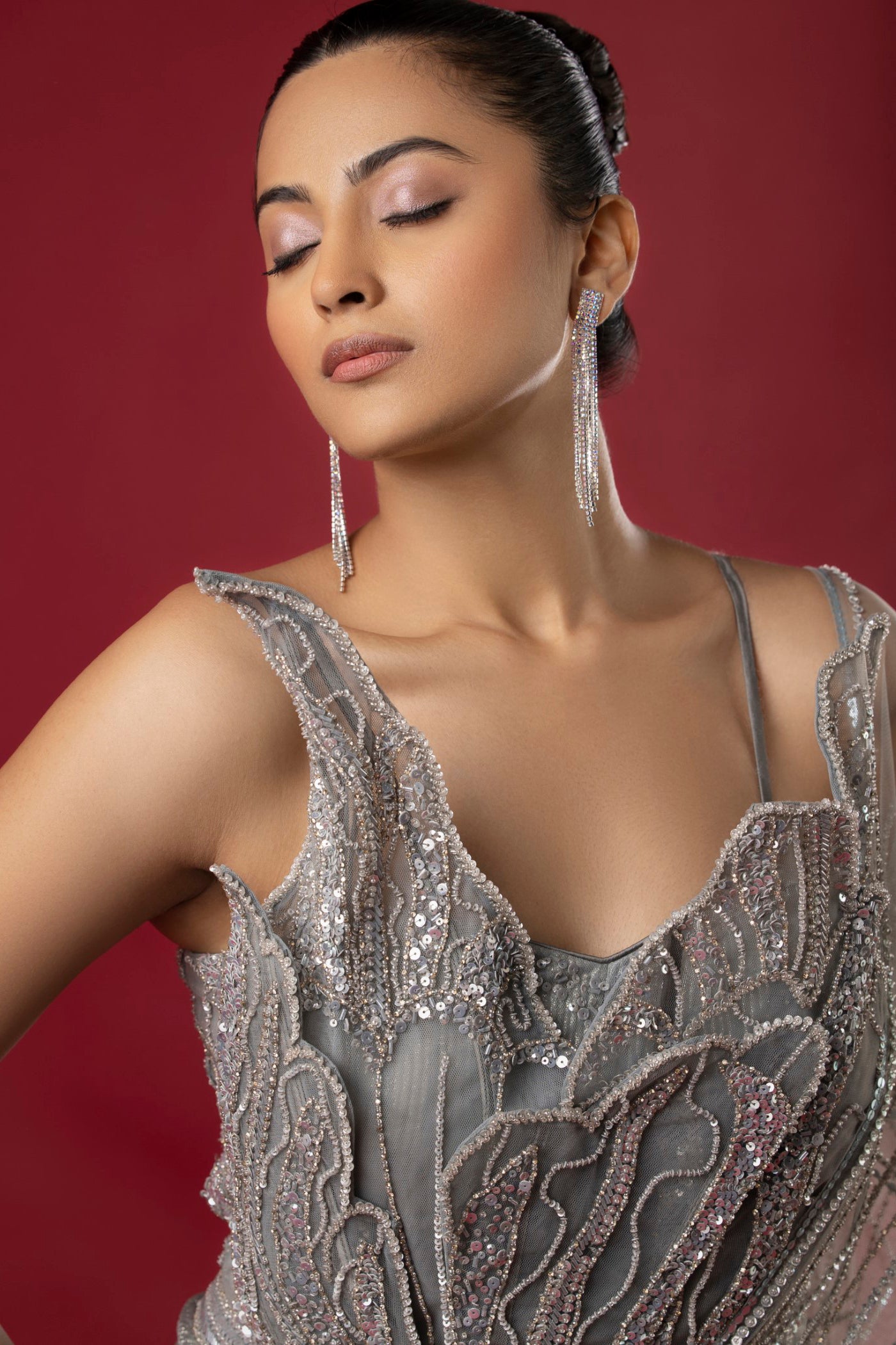 Grey Drape Saree with Cutdana and Sequins