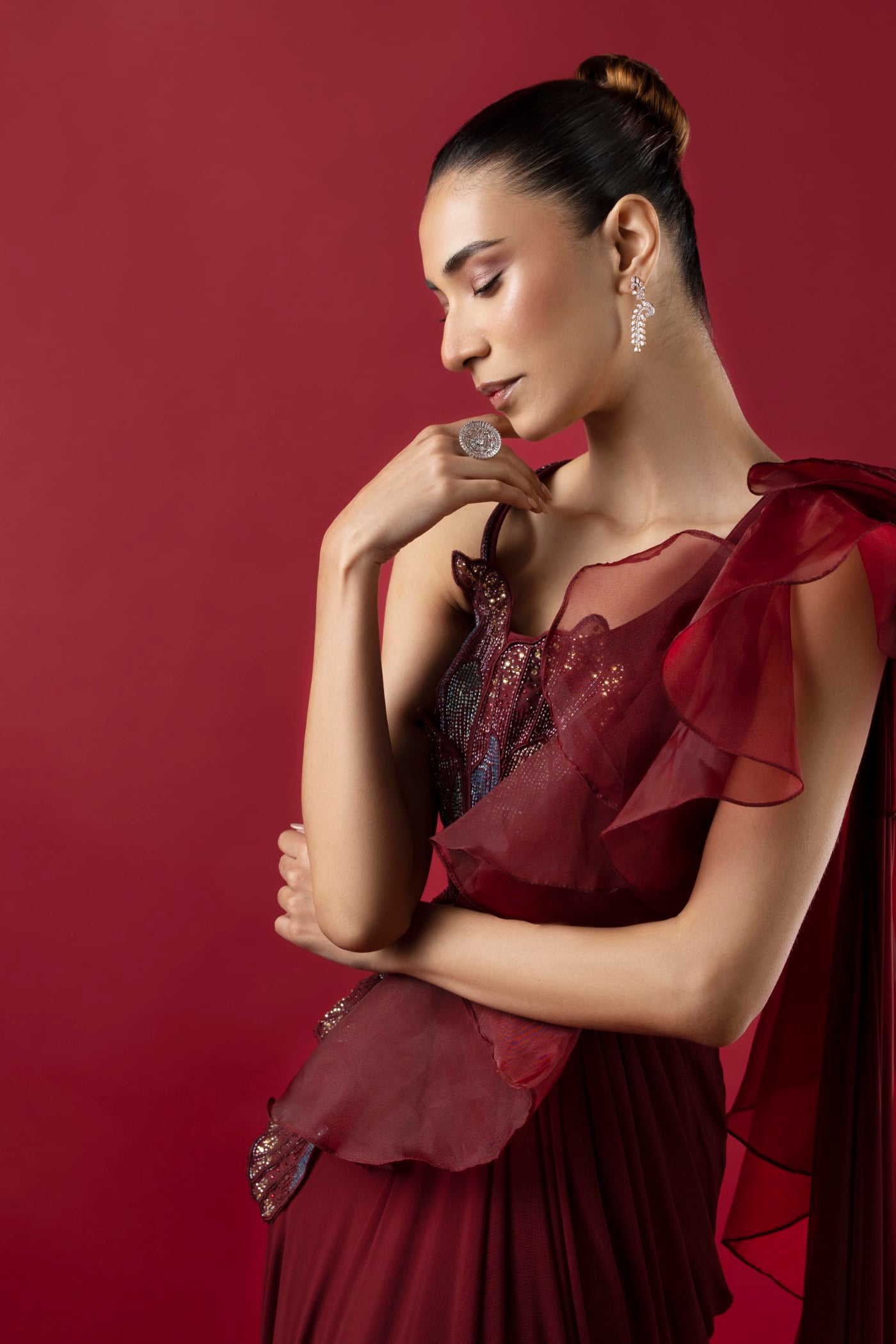 Wine Drape Saree With Cutdana And Swarovski