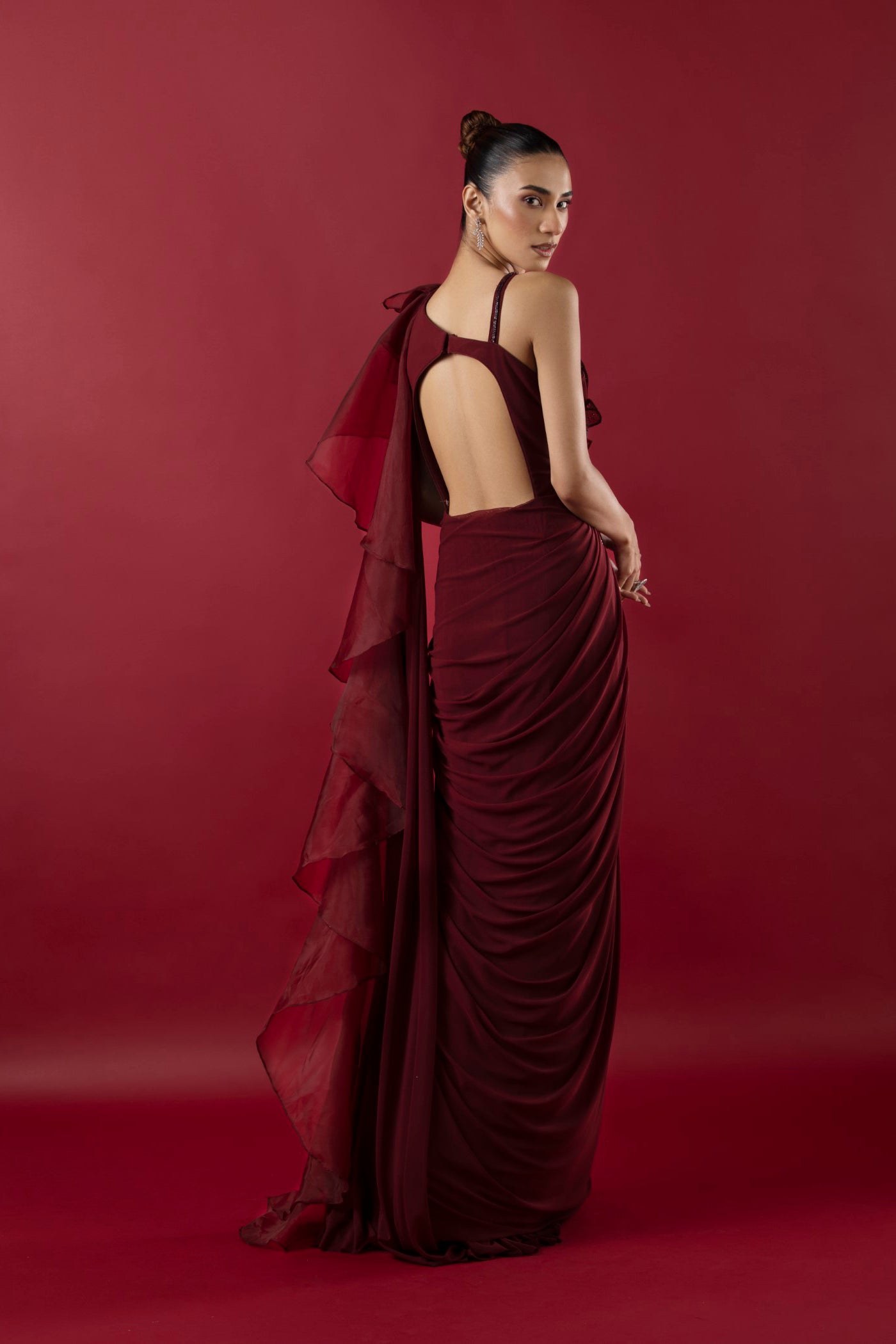 Wine Drape Saree With Cutdana And Swarovski