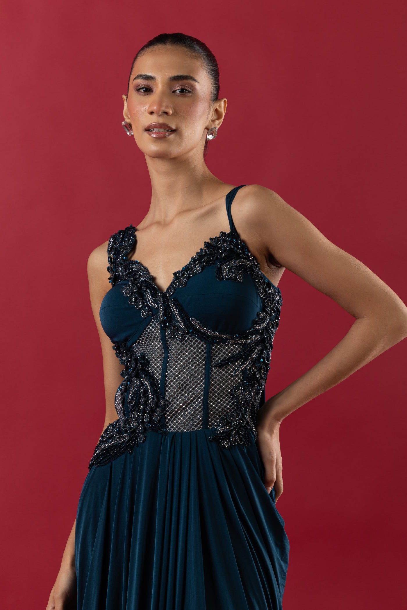 Peacock Blue Lycra Drape Saree With Cutdana