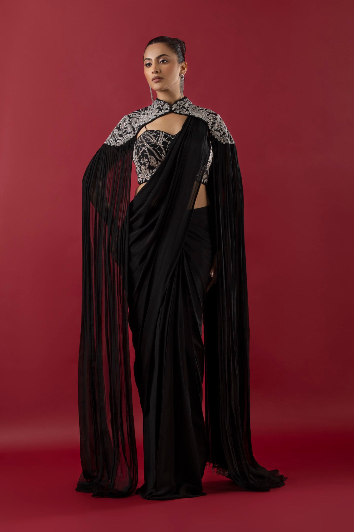 Georgette Black Crystal Work Drape Saree