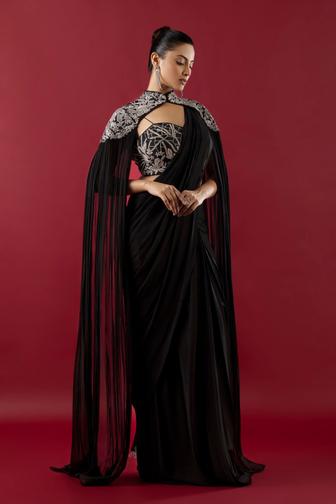 Georgette Black Crystal Work Drape Saree