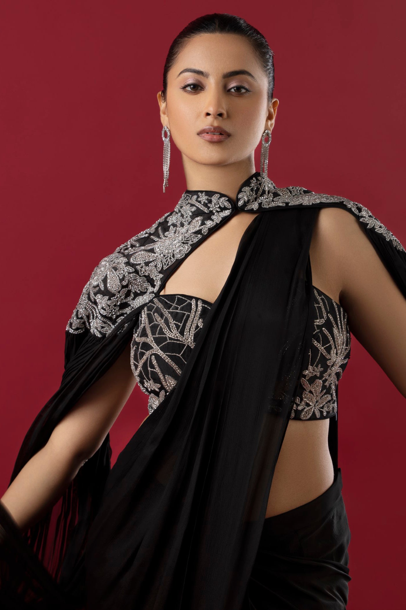 Georgette Black Crystal Work Drape Saree