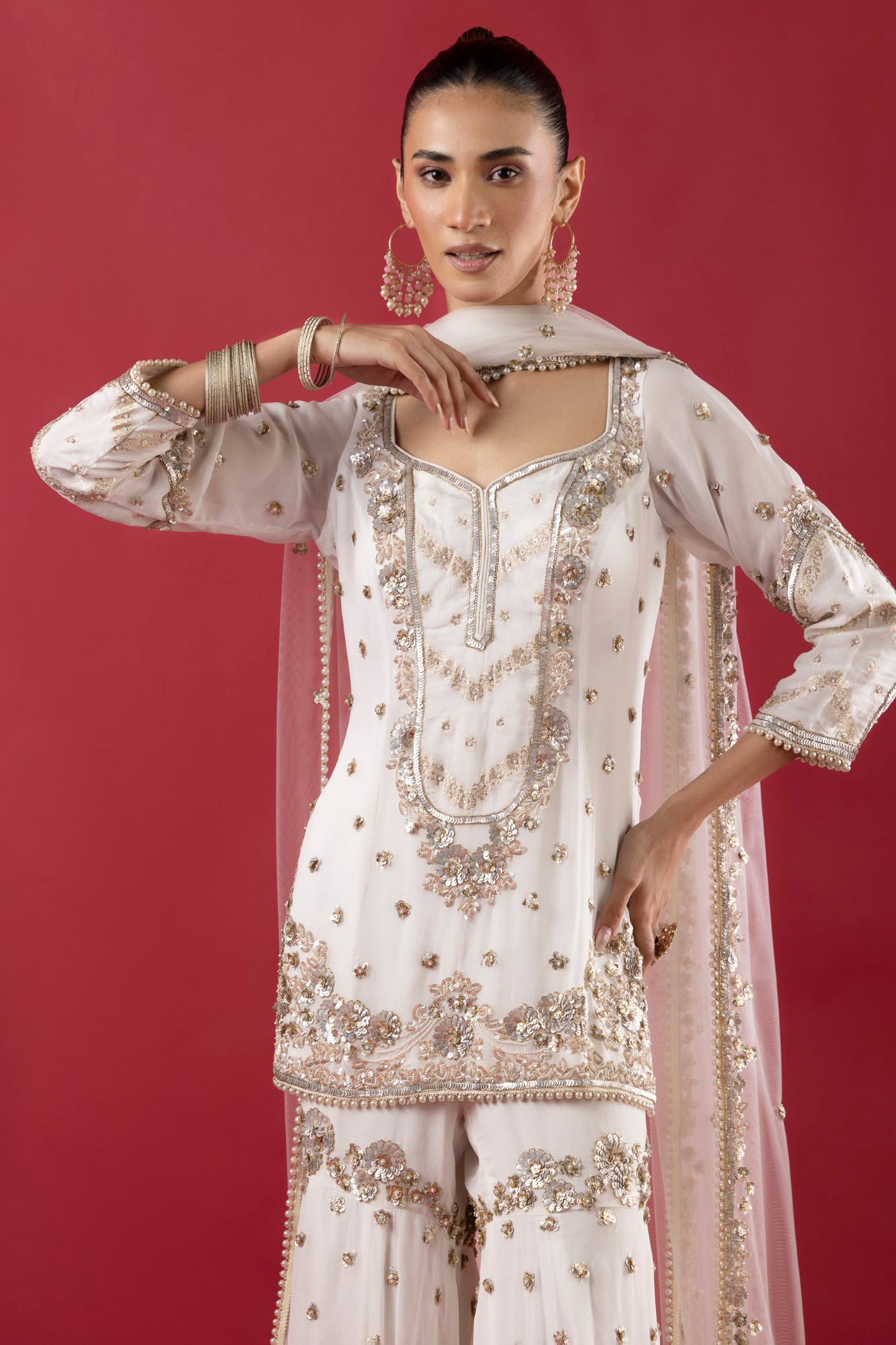 White Georgette Gharara Suit With Pearl, Sequins And Poth Work