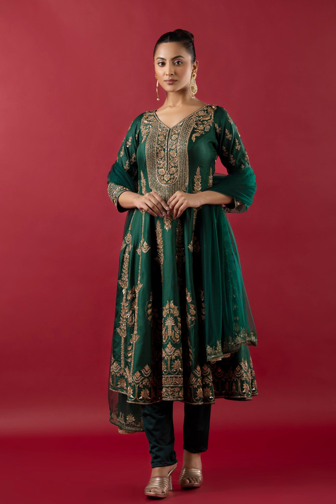 Bottle Green Short Anarkali With Nakshi And Sequins Kaam