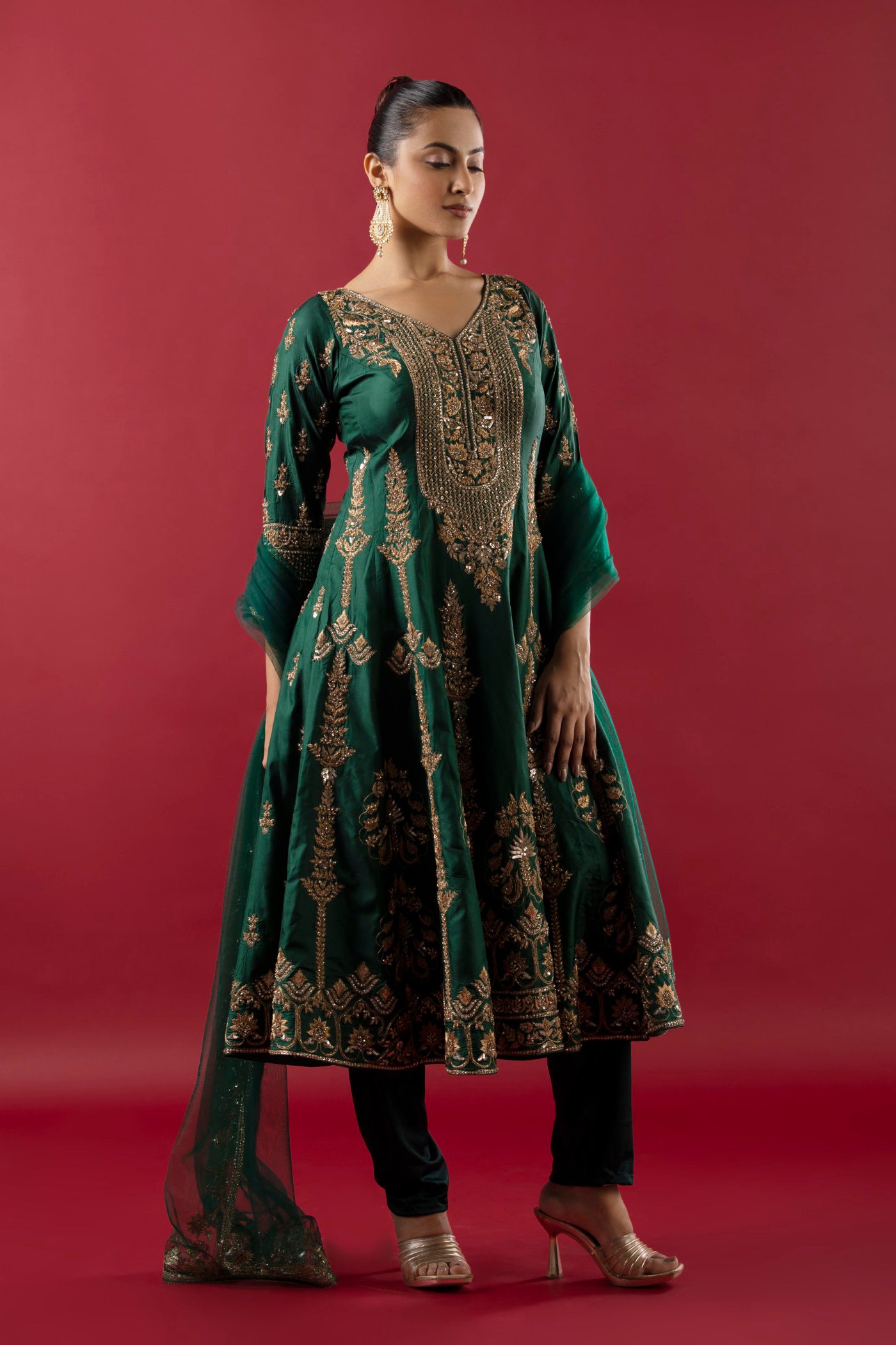 Bottle Green Short Anarkali With Nakshi And Sequins Kaam