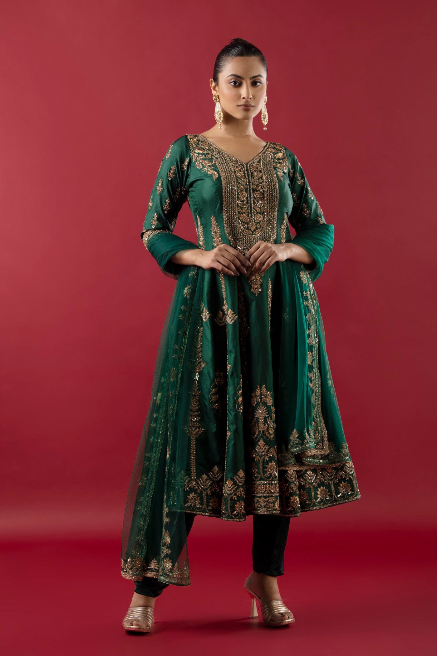 Bottle Green Short Anarkali With Nakshi And Sequins Kaam