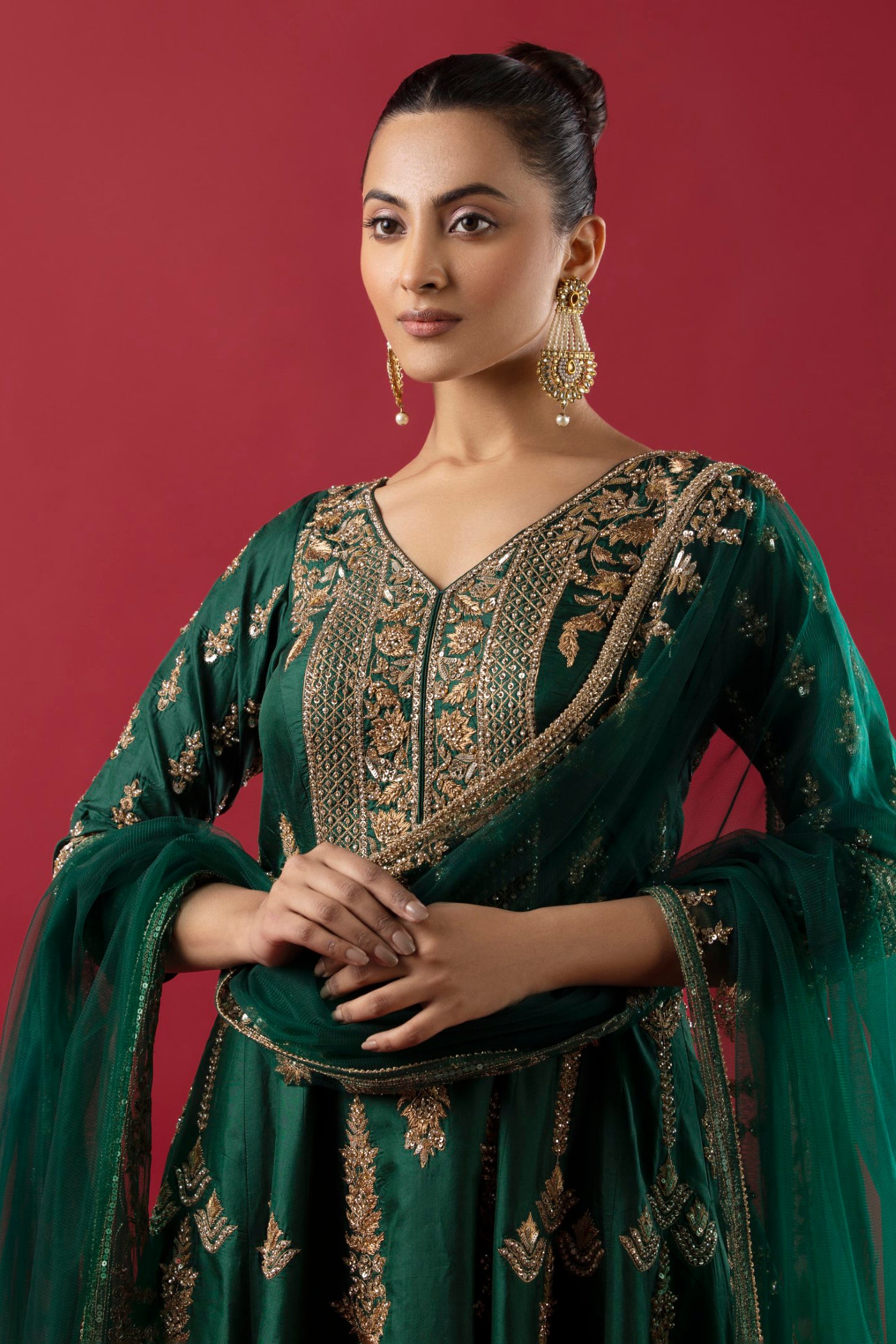 Bottle Green Short Anarkali With Nakshi And Sequins Kaam