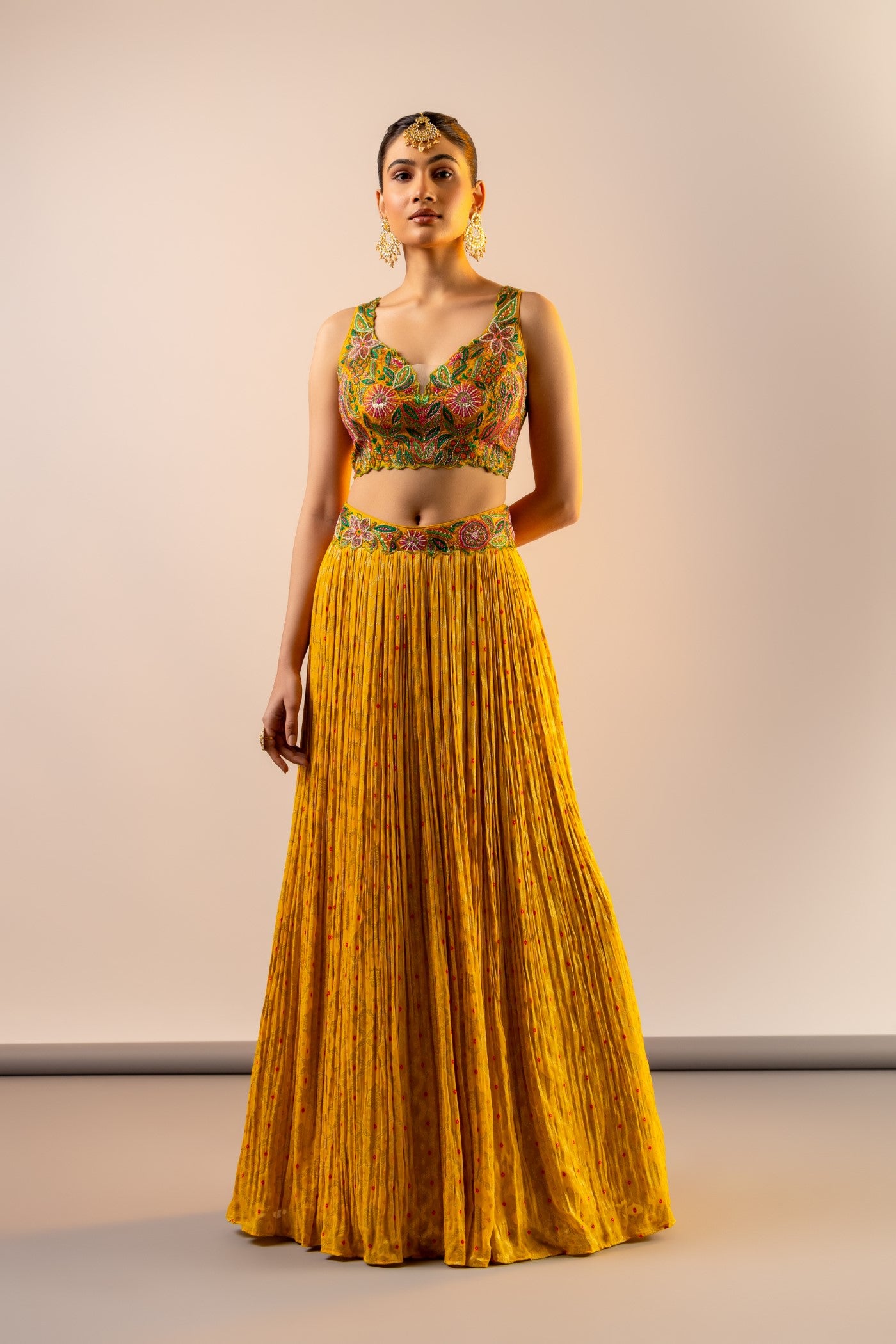 Georgette mustard crop top and skirt