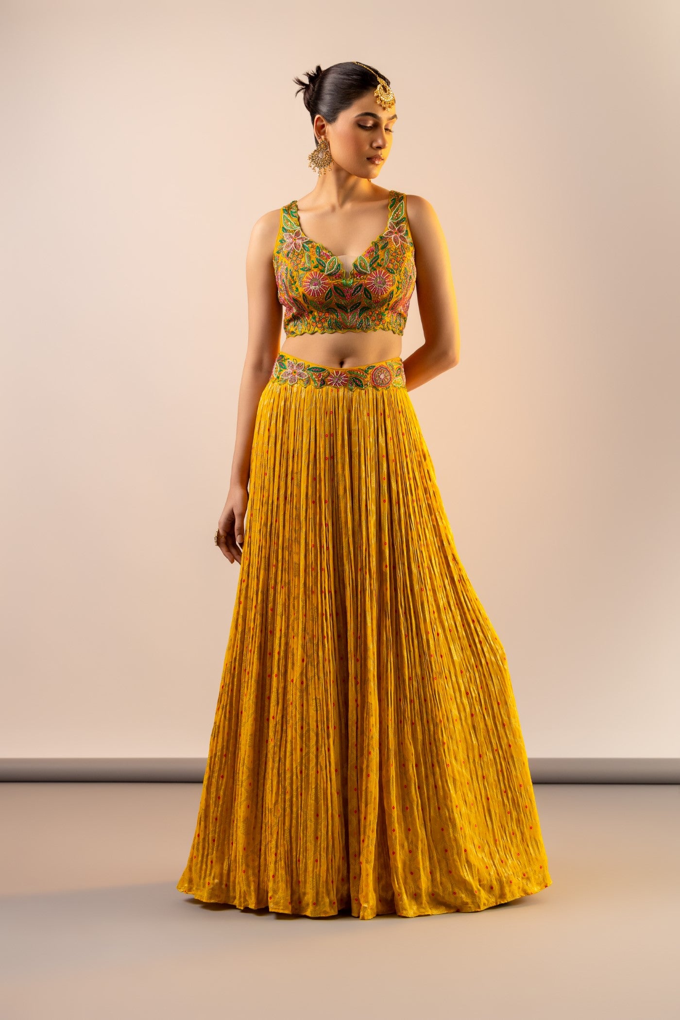 Georgette mustard crop top and skirt