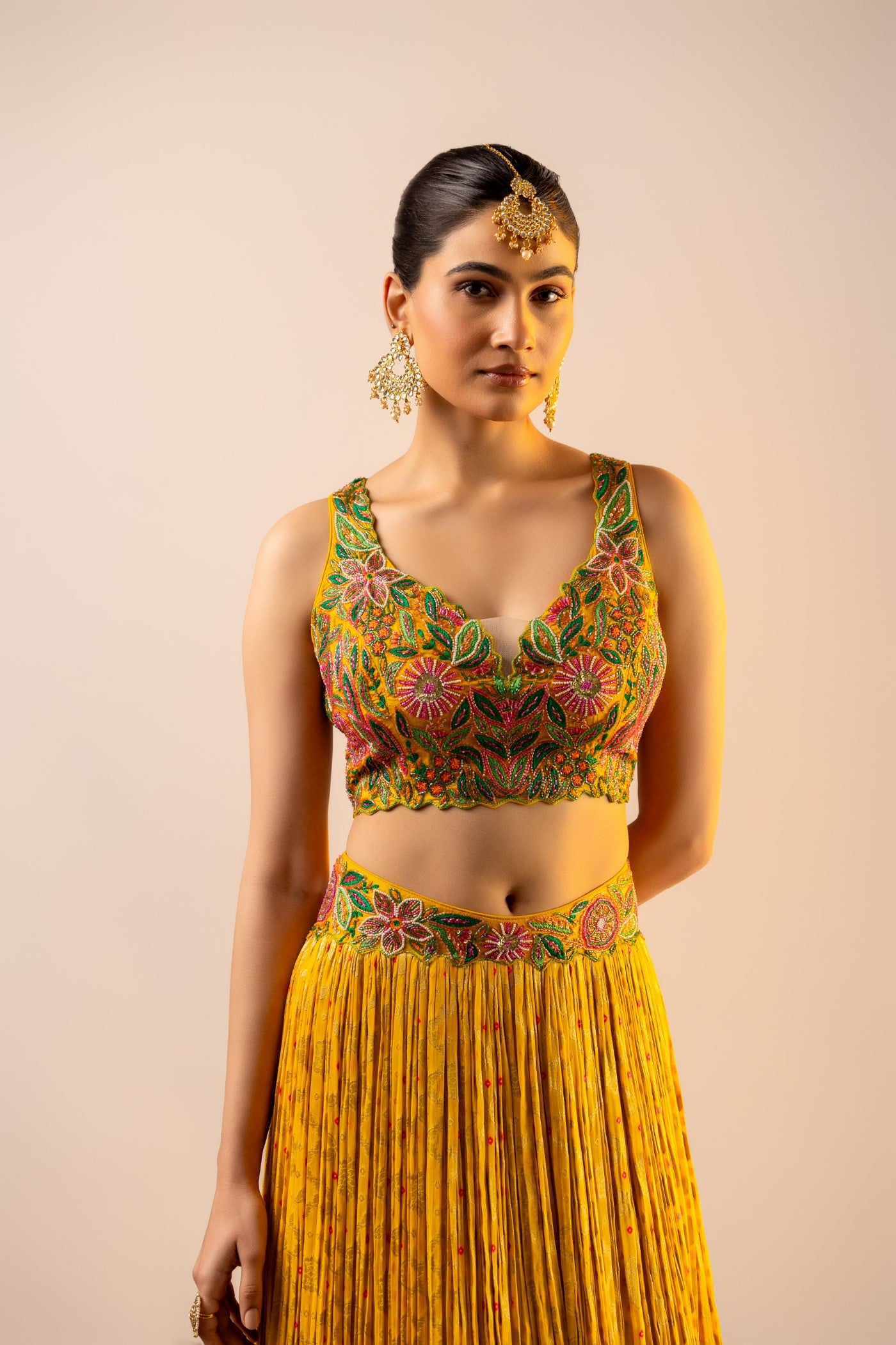 Georgette mustard crop top and skirt