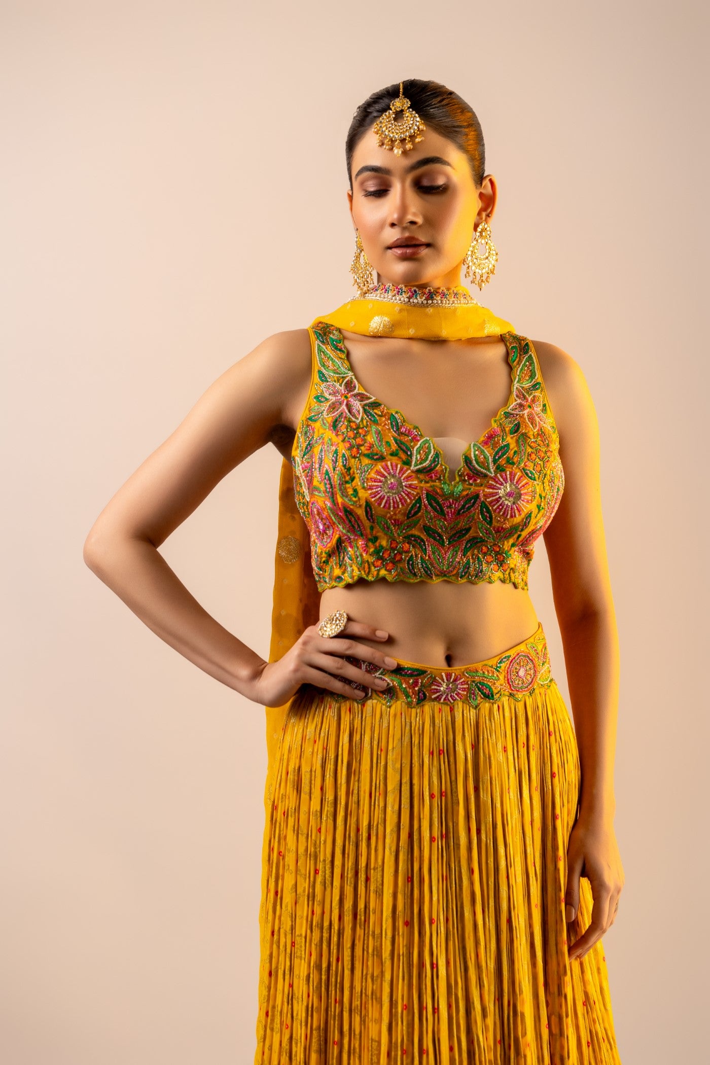 Georgette mustard crop top and skirt