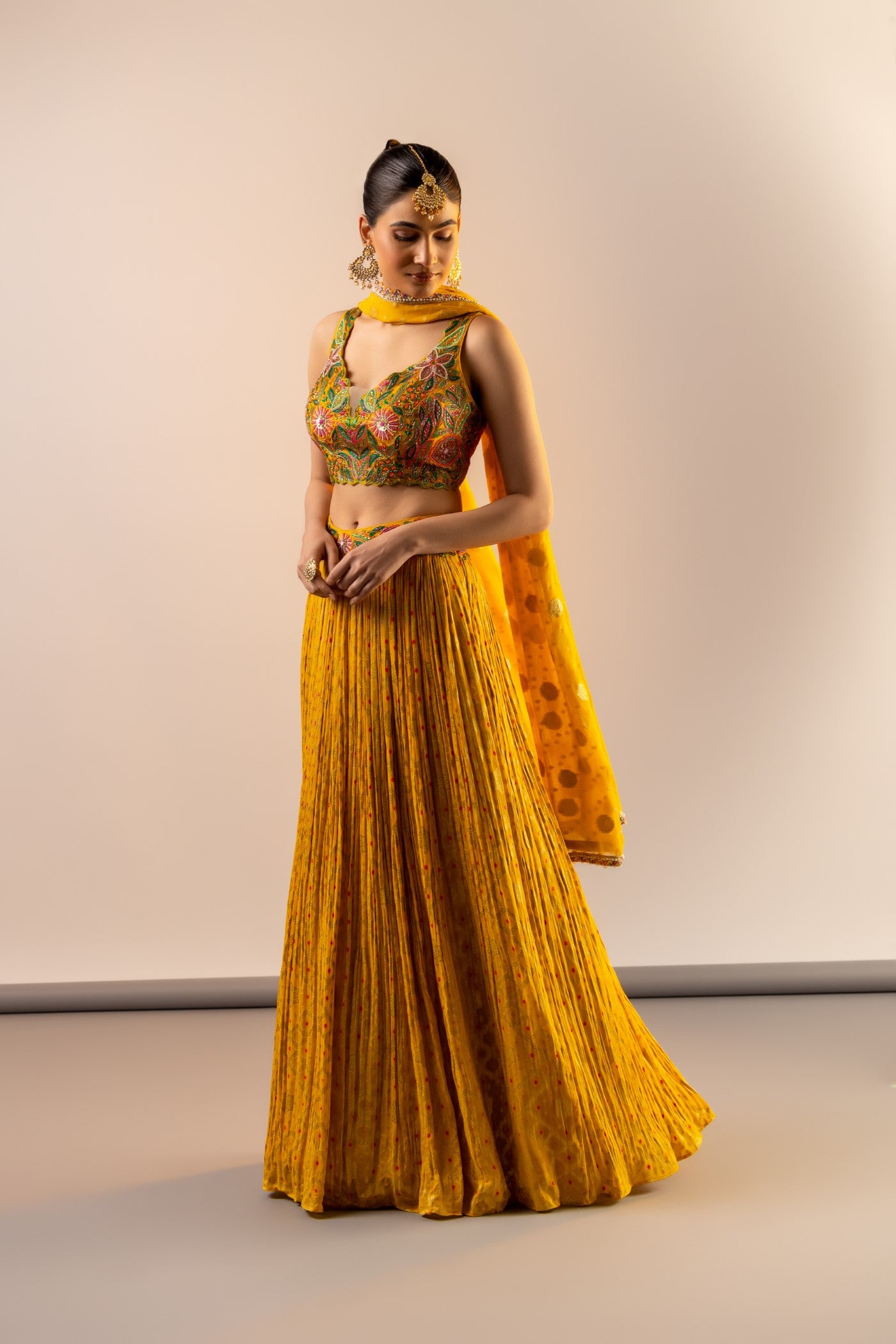 Georgette mustard crop top and skirt