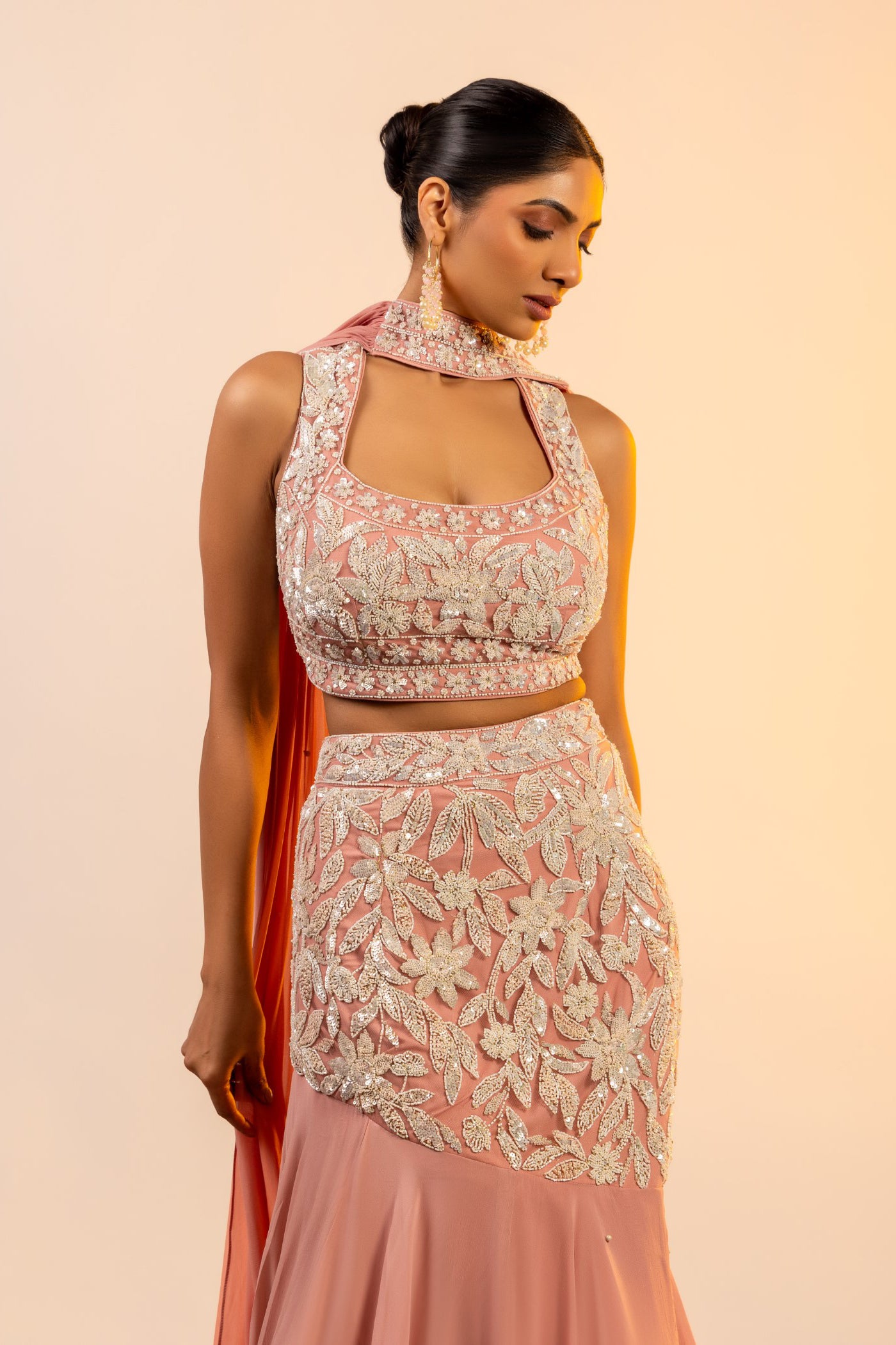 Pink cutdana studded crop top and skirt