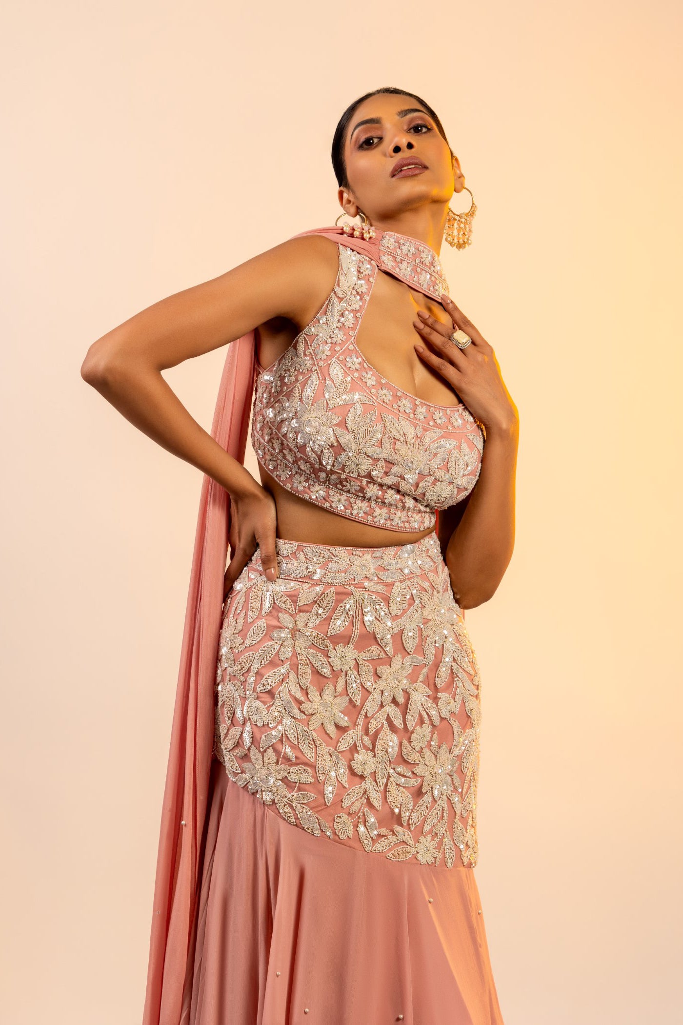 Pink cutdana studded crop top and skirt