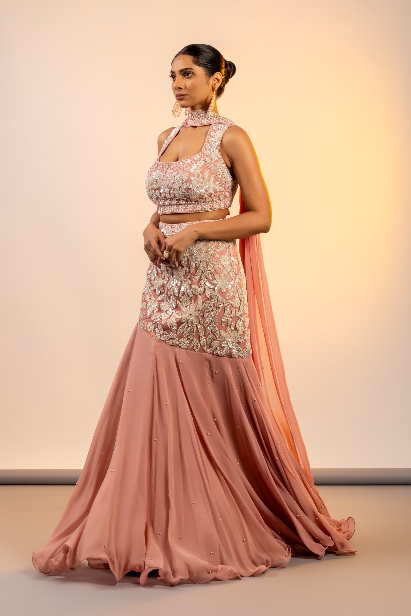 Pink cutdana studded crop top and skirt